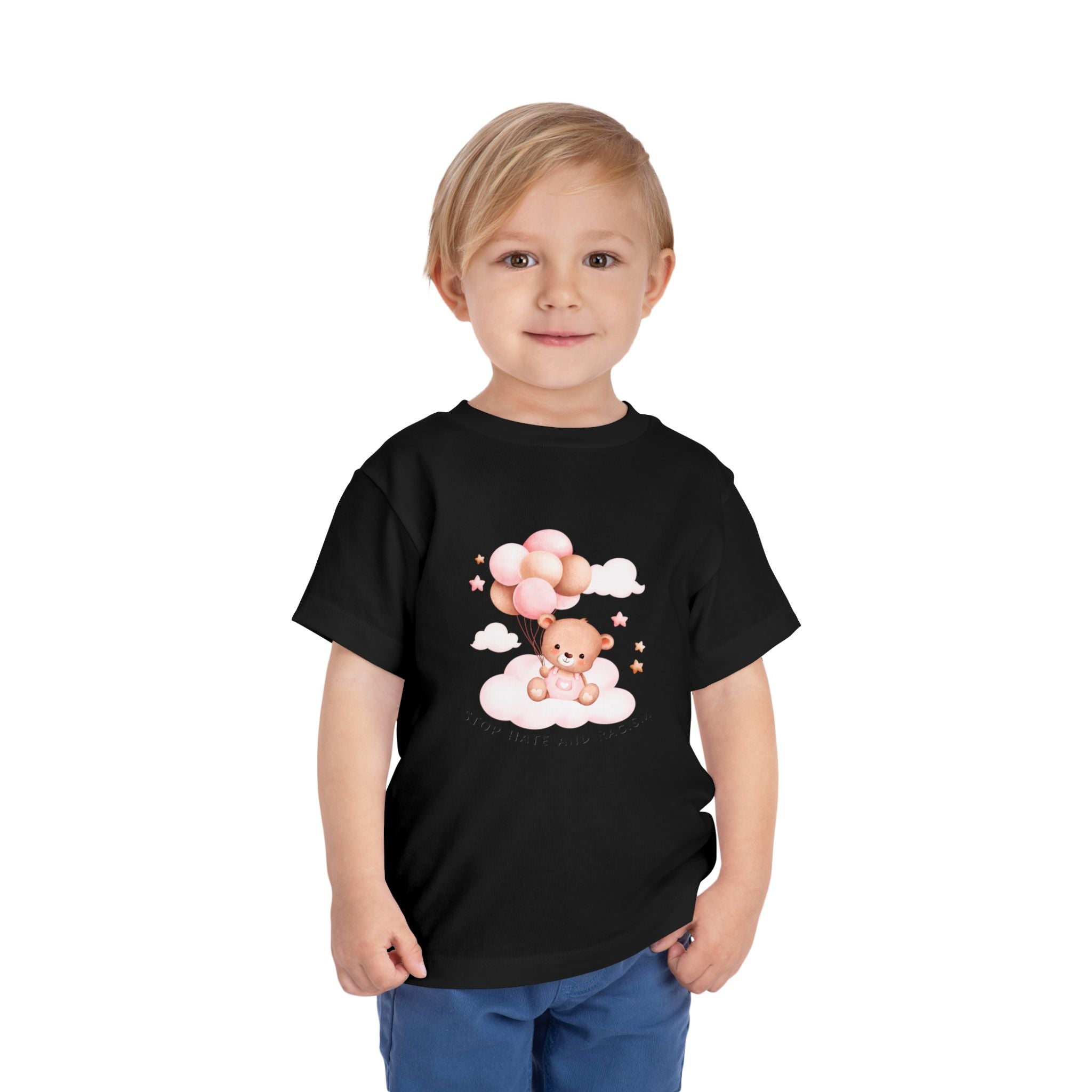 Toddler Tee — Cute Teddy with Balloons “Stop Hate and Racism”