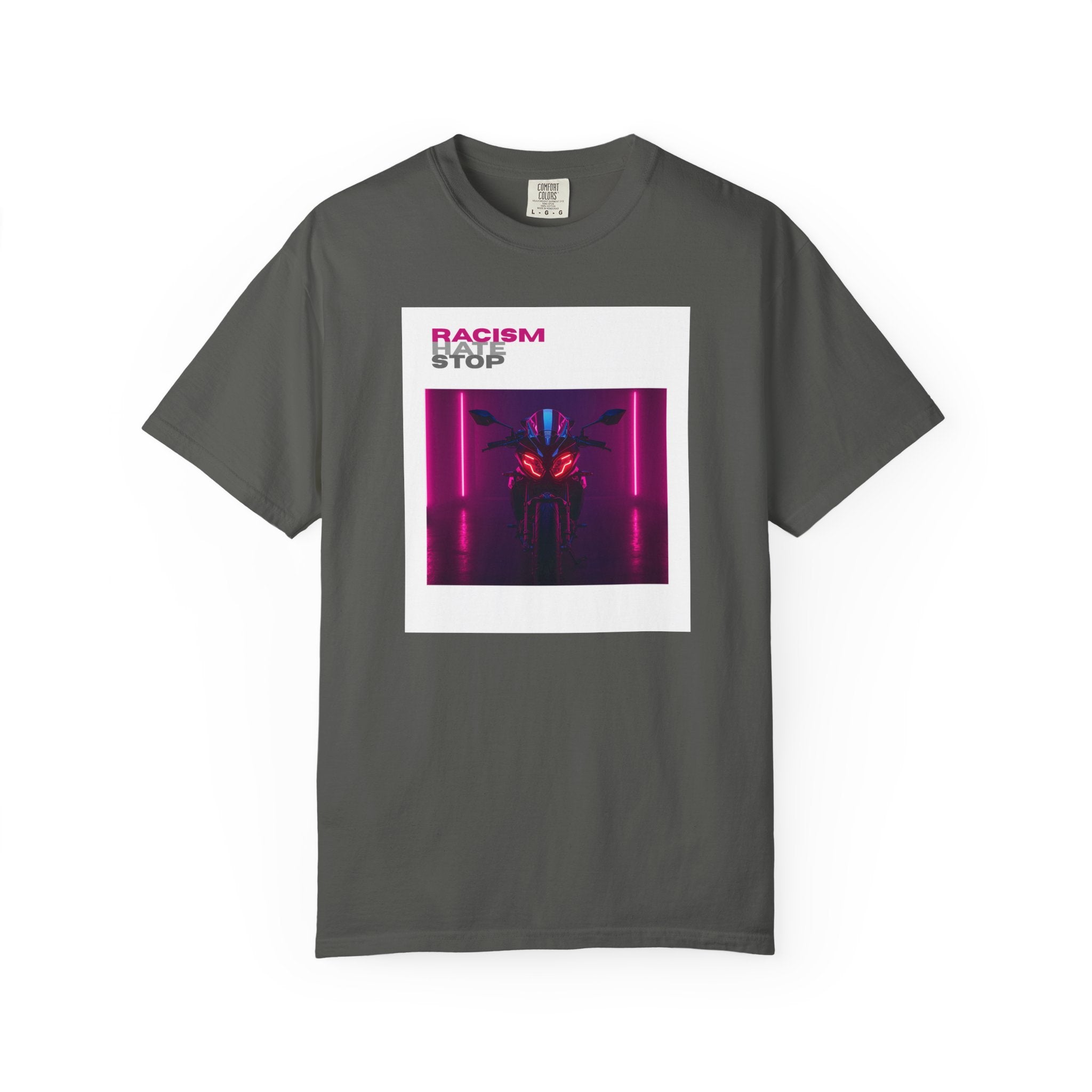 Anti-Racism Graphic T-Shirt — “Racism Stop” Neon Robot Design