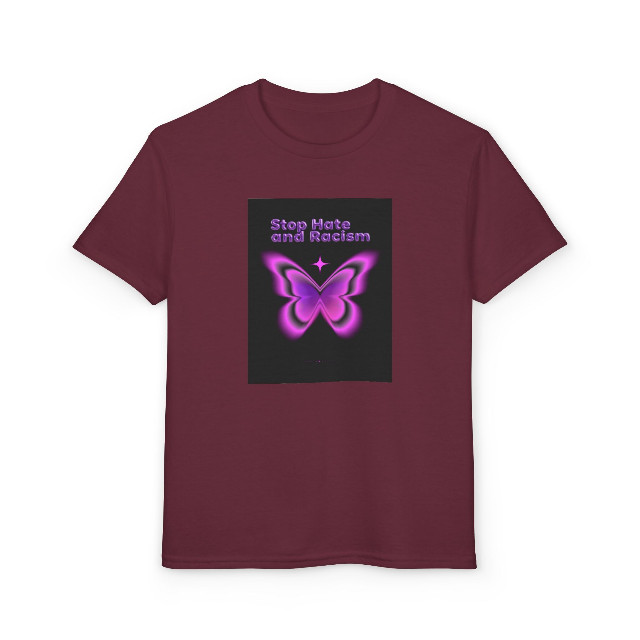 Youth T-Shirt — "Stop Hate and Racism" Pink Butterfly Anti-Racism Tee