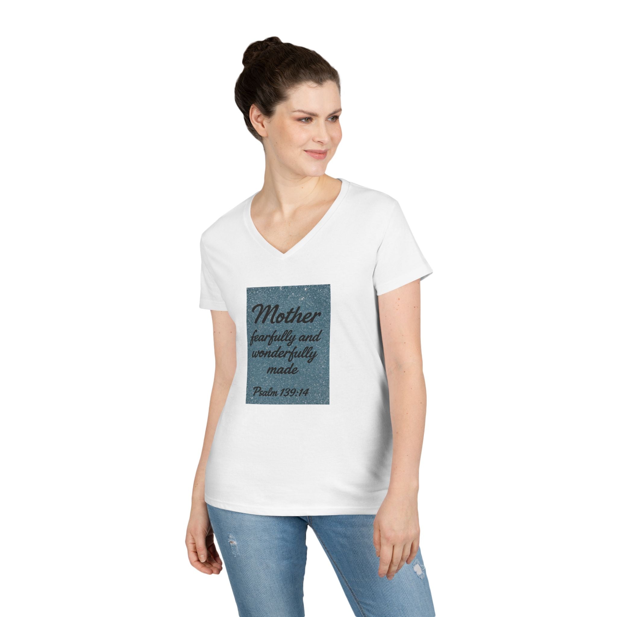 Mother 'Fearfully and Wonderfully Made' V‑Neck Tee — Psalm 139:14 Christian Mom Shirt