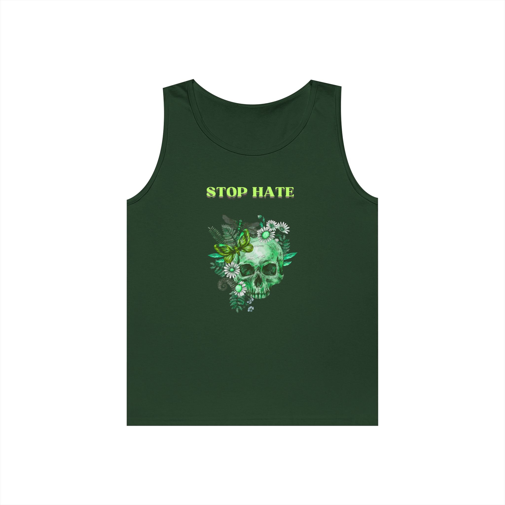 Stop Hate Skull Tank — Green Floral Skull Tank Top