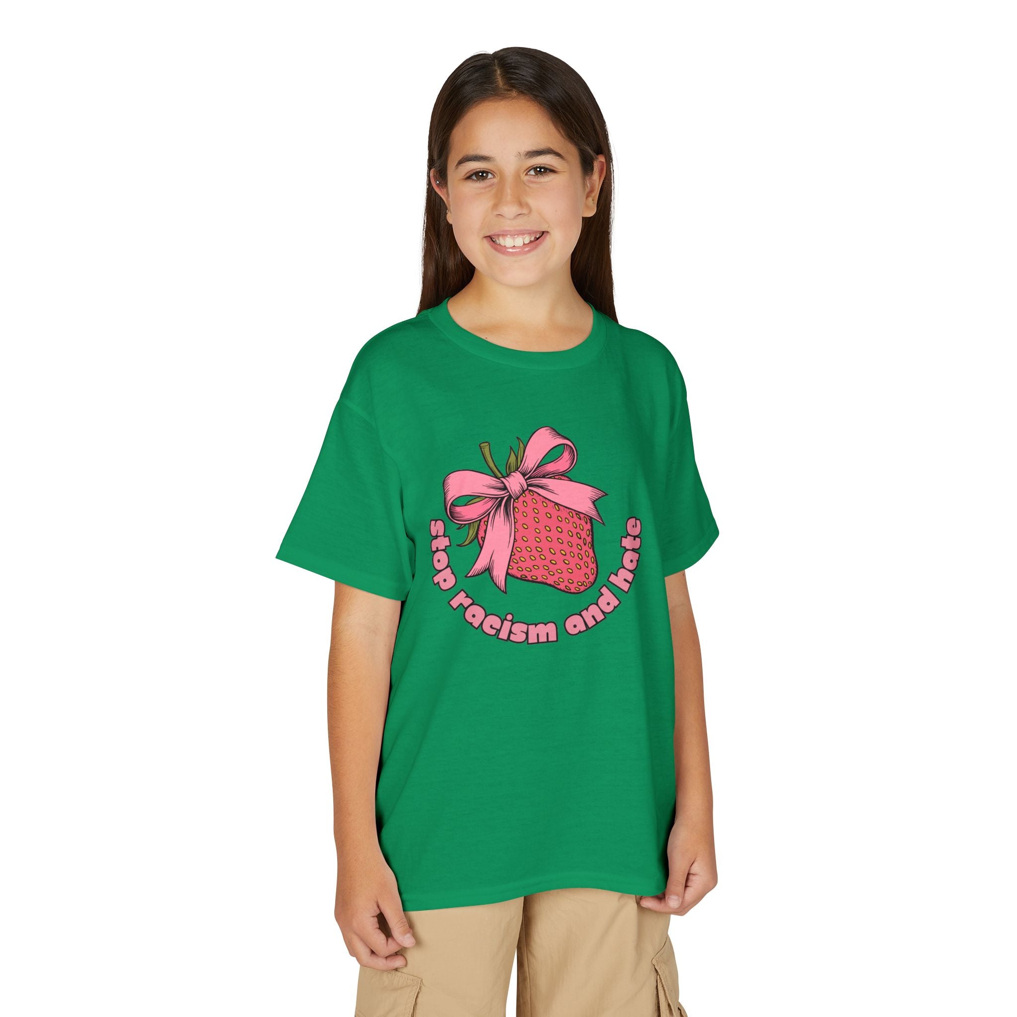 Youth T-Shirt — Cute Pink Gift Box Graphic with "Stop, Realism and Races" Slogan