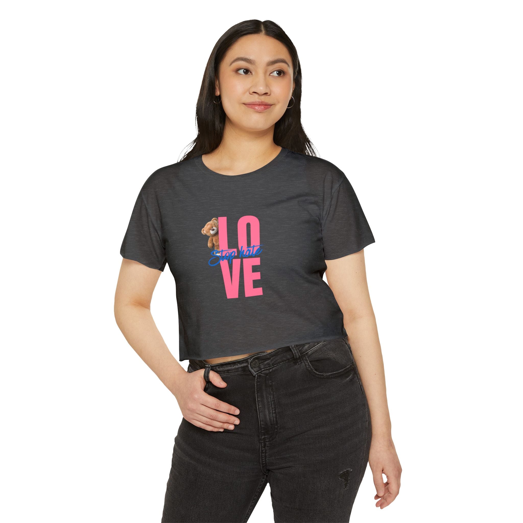 LOVE Festival Crop Top — 'Stop Hate' Pink Teddy Graphic