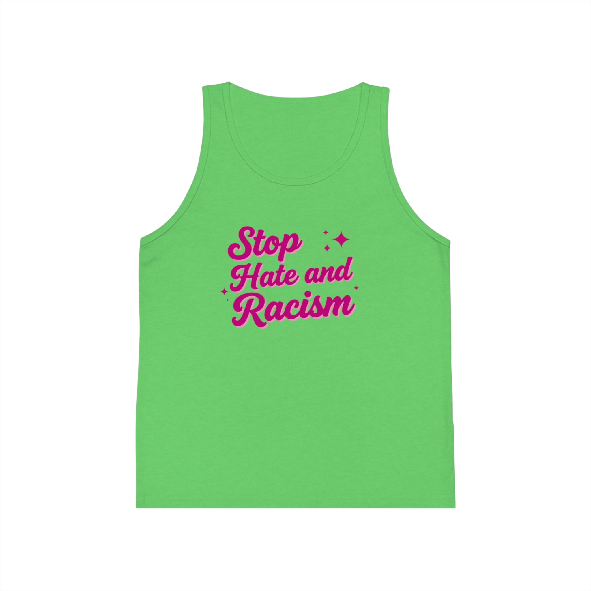 Kids Tank Top — "Stop Hate and Racism" Pink Script Kids Jersey Tank