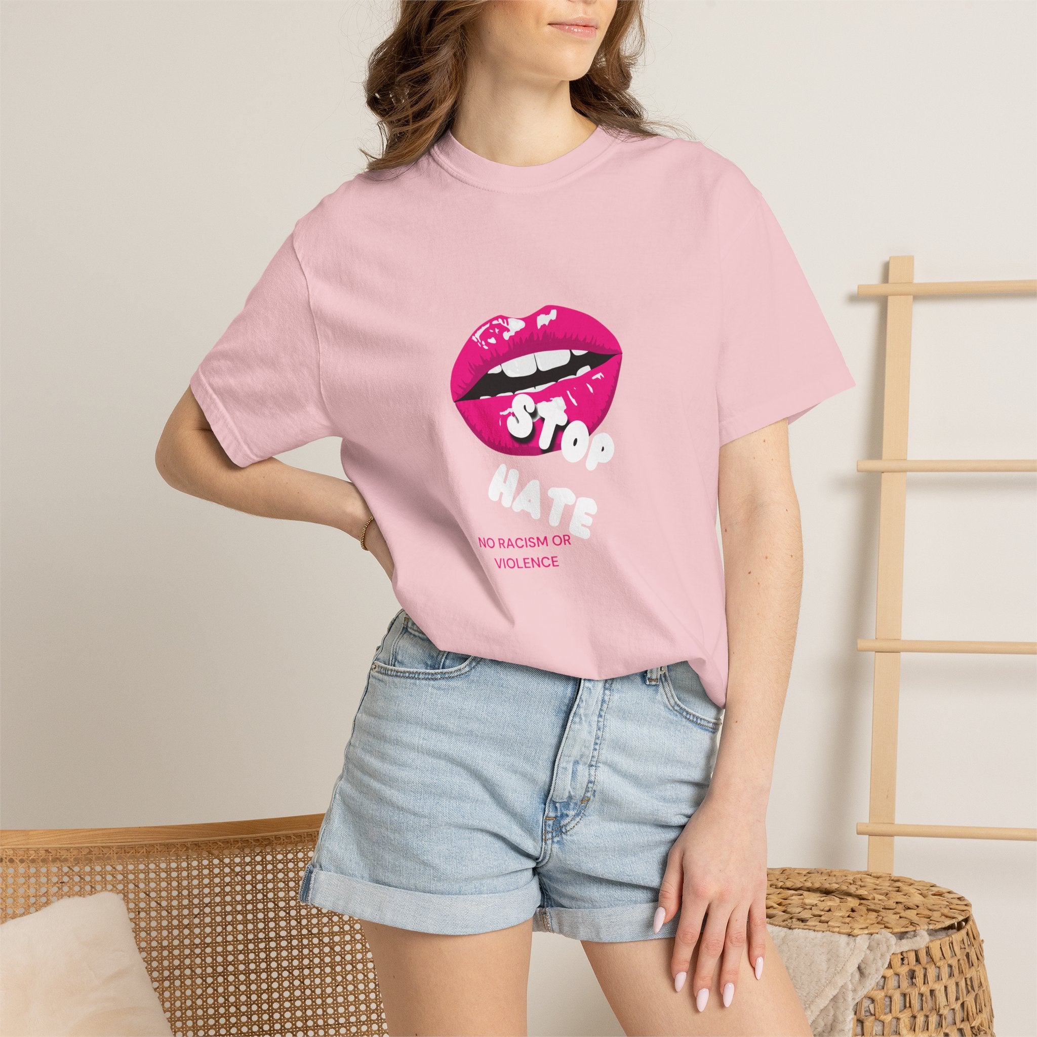 T-Shirt — Pink Lip 'Stop' Graphic Tee (No Racism or Violence)