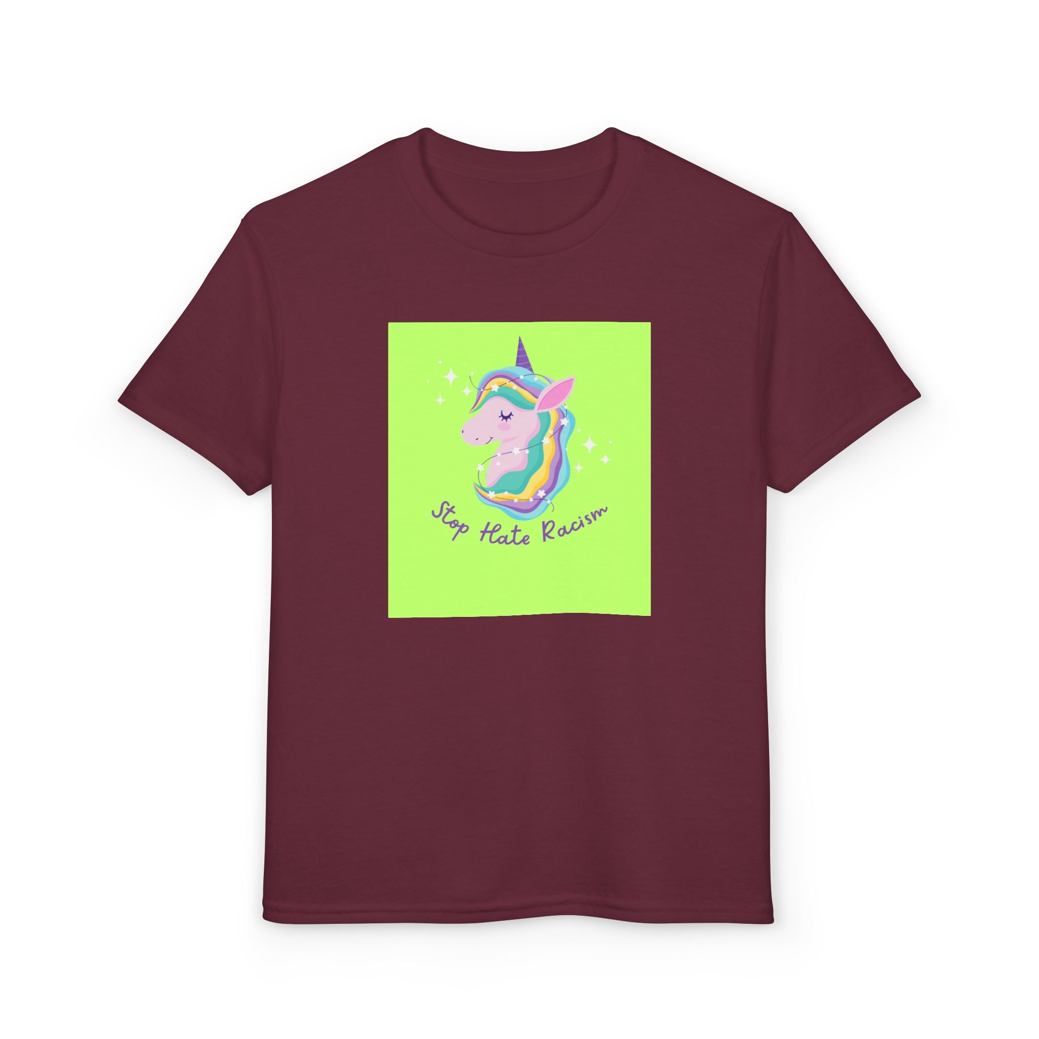 Youth T-Shirt — Rainbow Unicorn “Stop Hate Racism” Graphic
