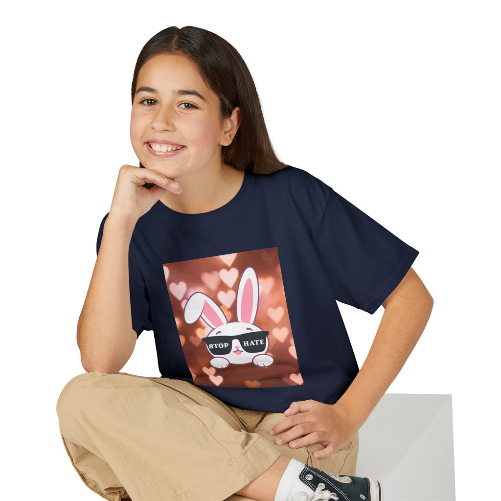 Youth T-Shirt — Cute Bunny with 'Stop the Hate' Sunglasses | Kids Anti-Bullying Tee