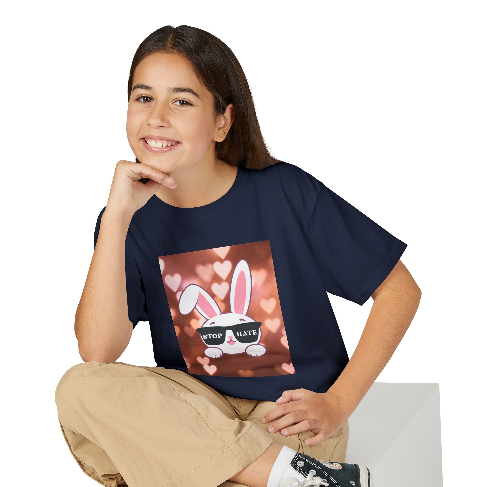 Youth T-Shirt — Cute Bunny with 'Stop the Hate' Sunglasses | Kids Anti-Bullying Tee
