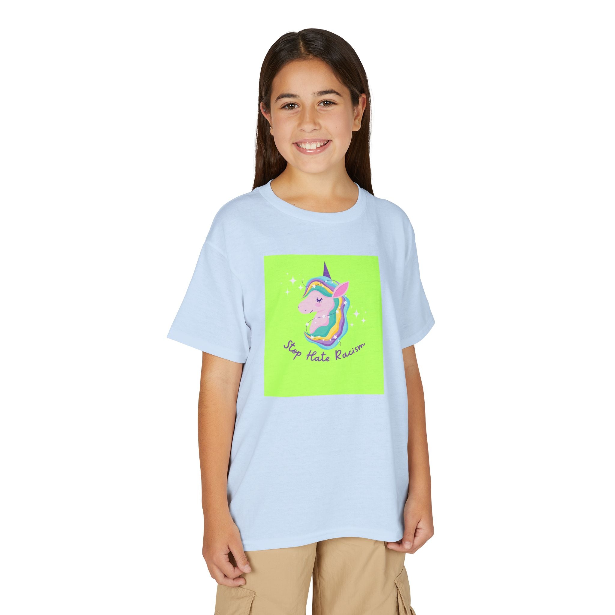 Youth T-Shirt — Rainbow Unicorn “Stop Hate Racism” Graphic