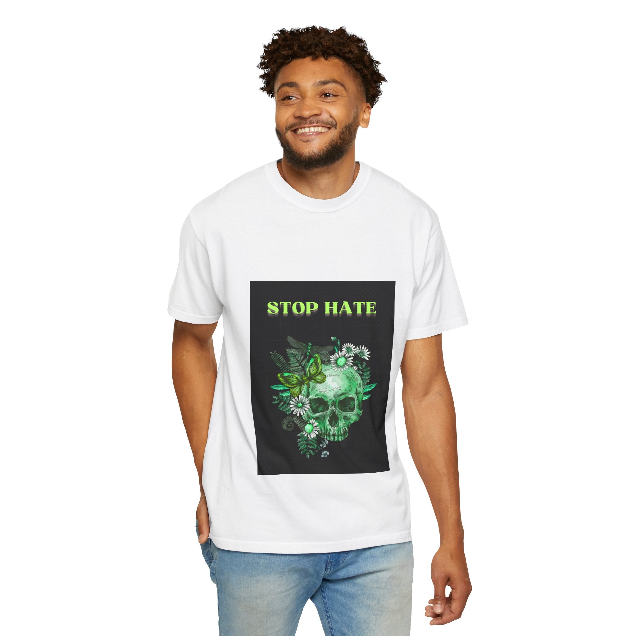 Stop Hate Skull T-Shirt — Green Floral Skull Graphic Tee