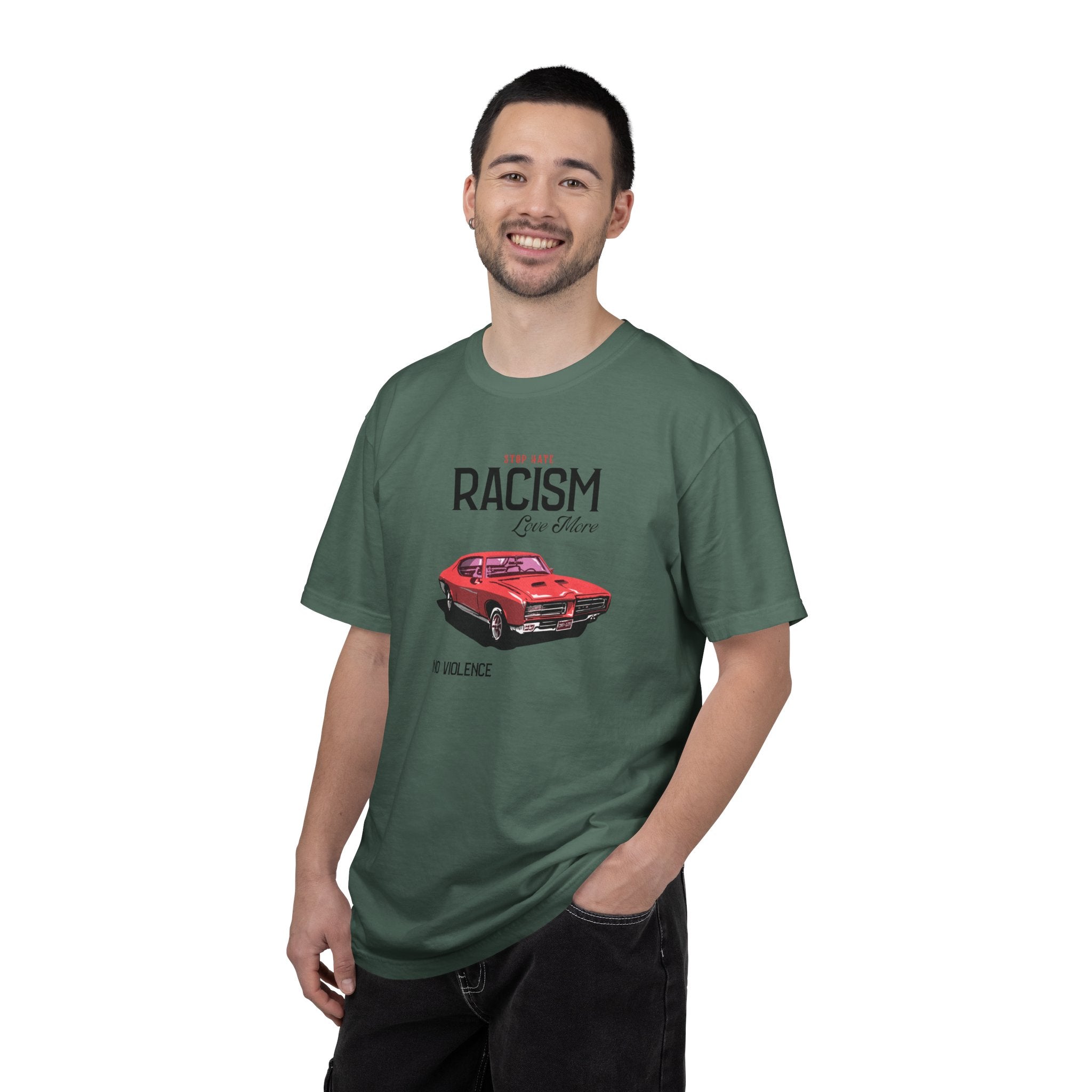 Anti-Racism Graphic T-Shirt — “Stop Hate, Racism, Love More” with Vintage Red Muscle Car