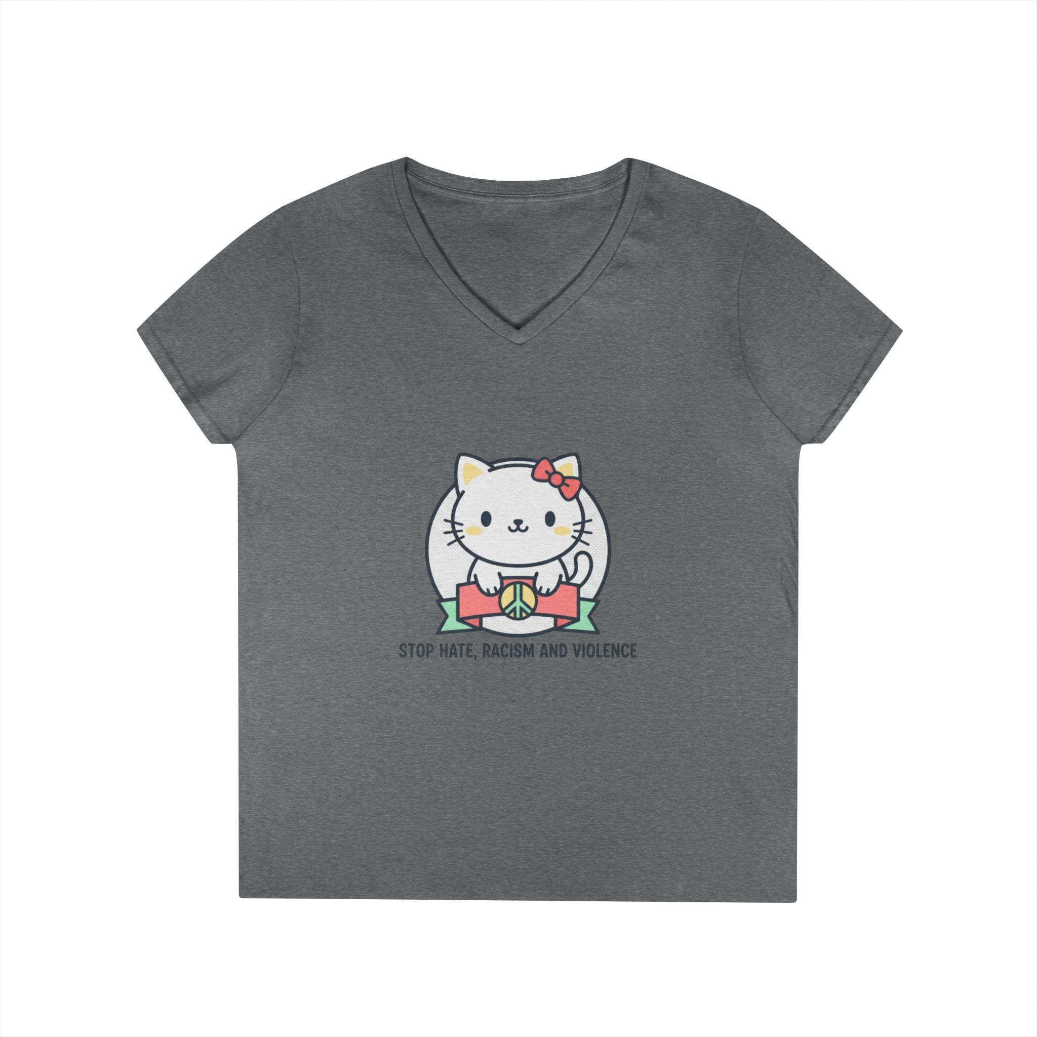 Stop Hate Kitty V-Neck Tee — Cute Anti-Racism Message Shirt