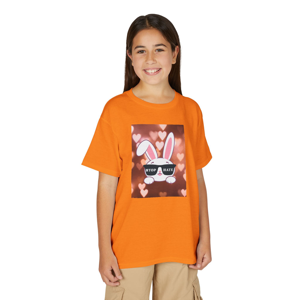 Youth T-Shirt — Cute Bunny with 'Stop the Hate' Sunglasses | Kids Anti-Bullying Tee