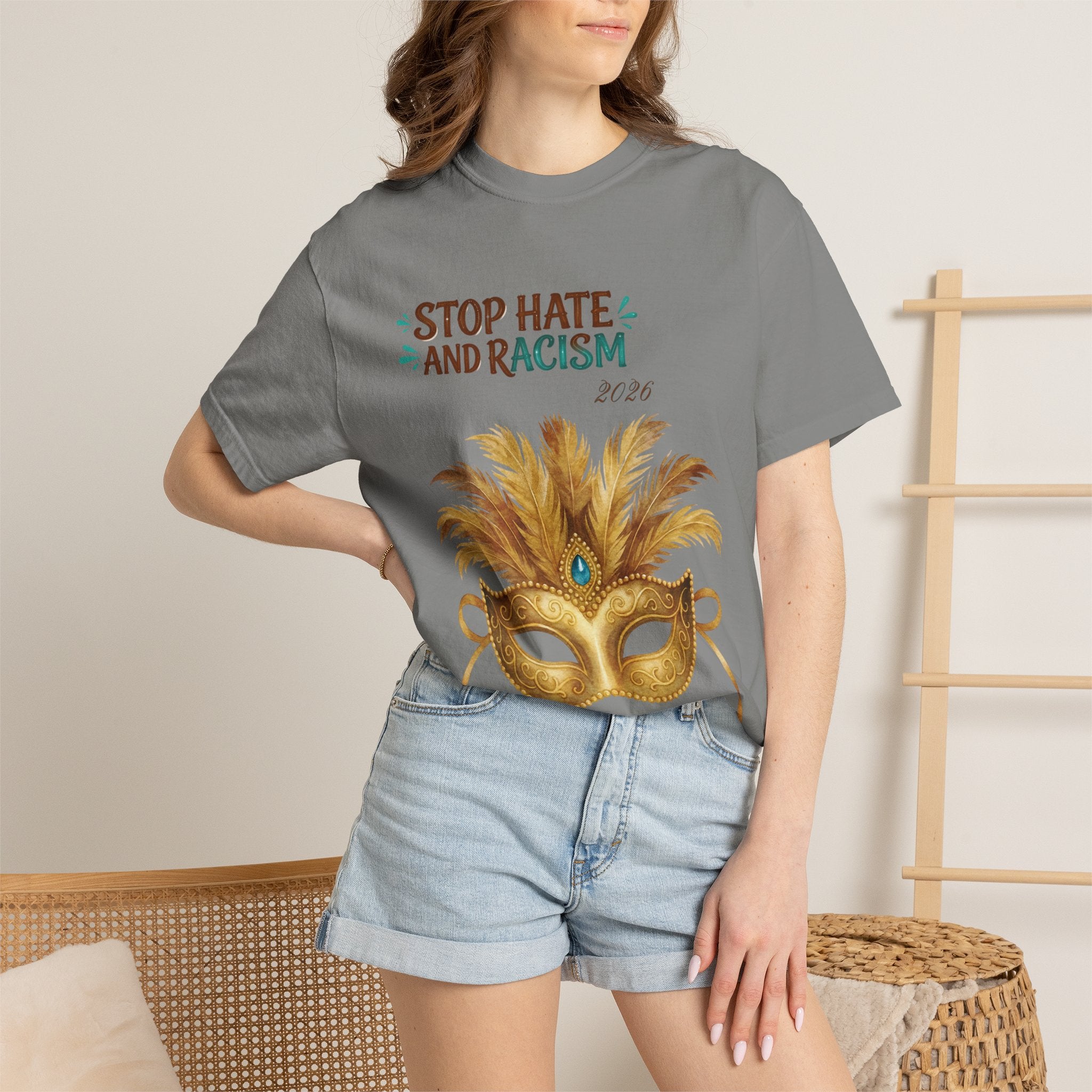 Stop Hate and Racism T-Shirt — Mardi Gras Mask Anti-Racism Tee