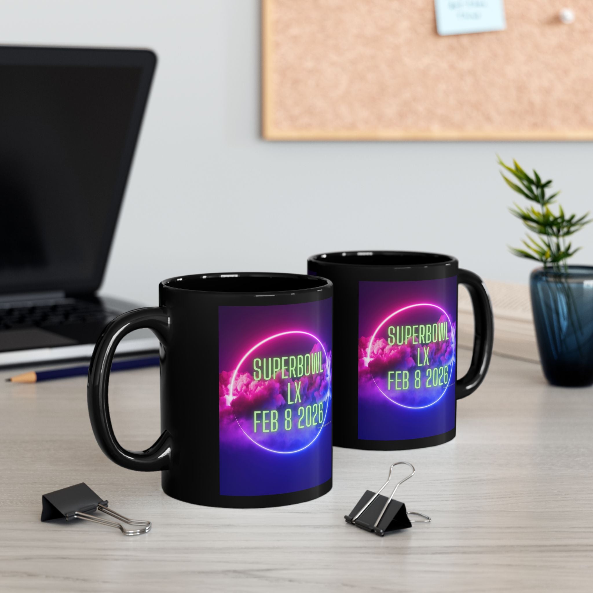 Super Bowl LX Feb 8 2026 Black Mug — Neon Retro Game Day Coffee Cup