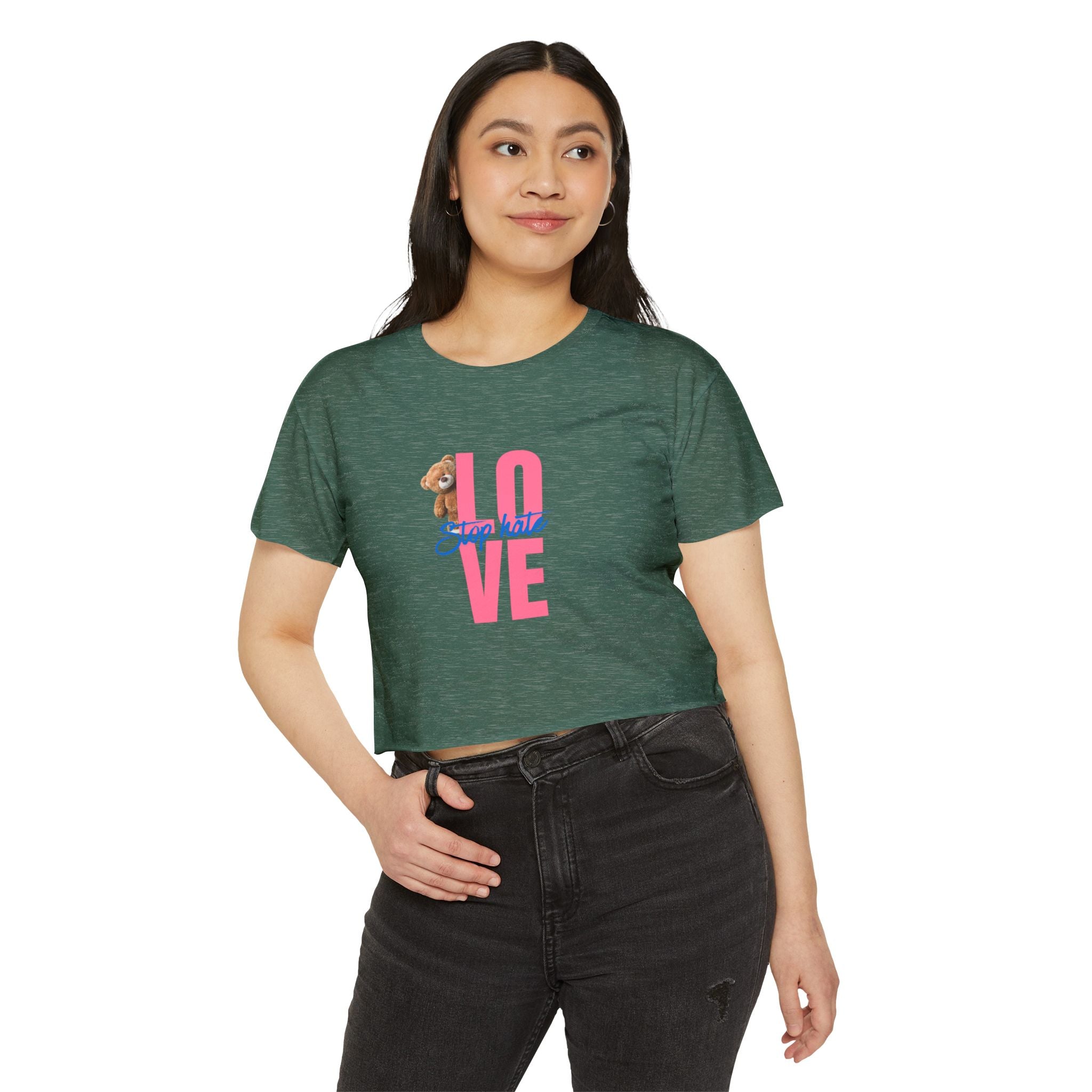 LOVE Festival Crop Top — 'Stop Hate' Pink Teddy Graphic