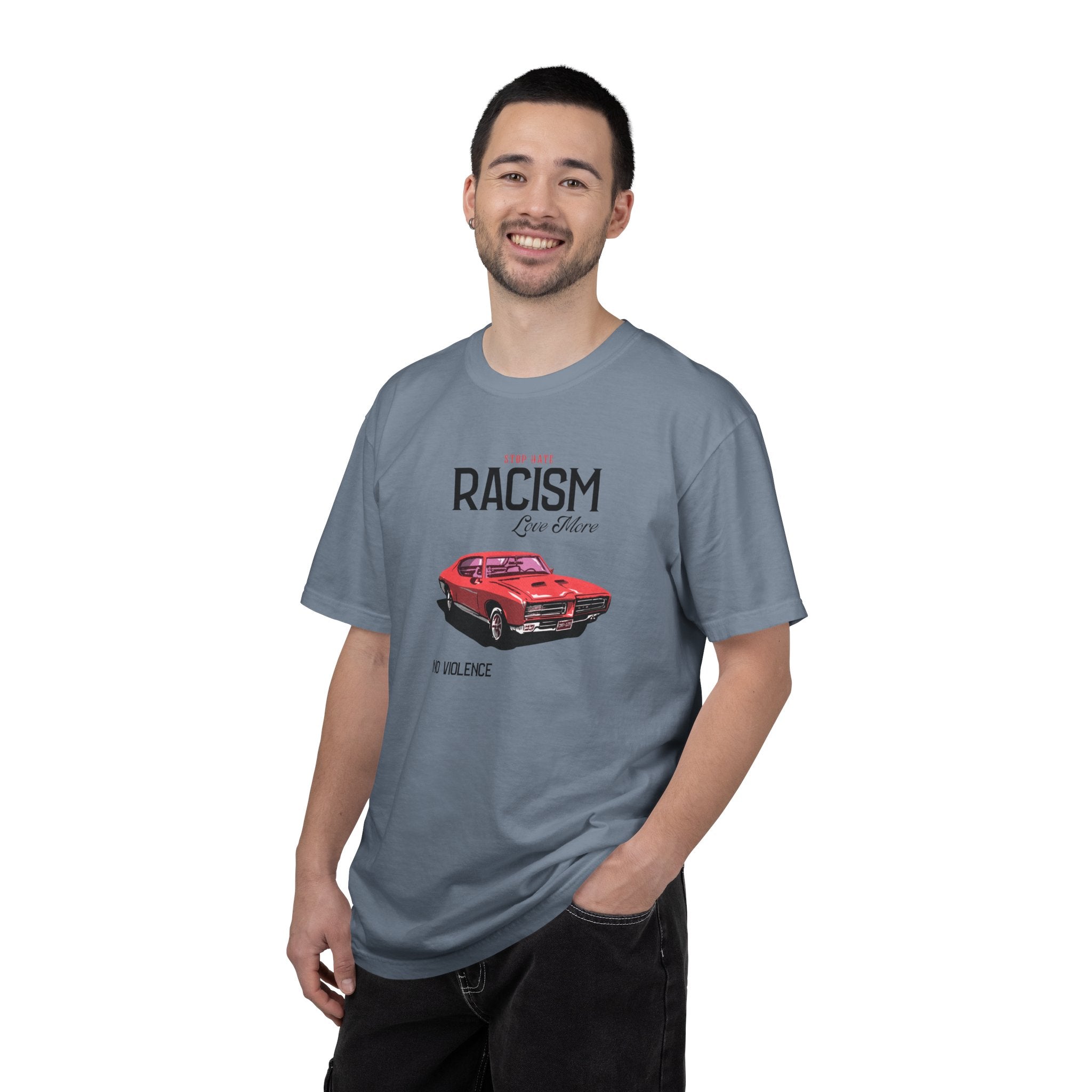 Anti-Racism Graphic T-Shirt — “Stop Hate, Racism, Love More” with Vintage Red Muscle Car