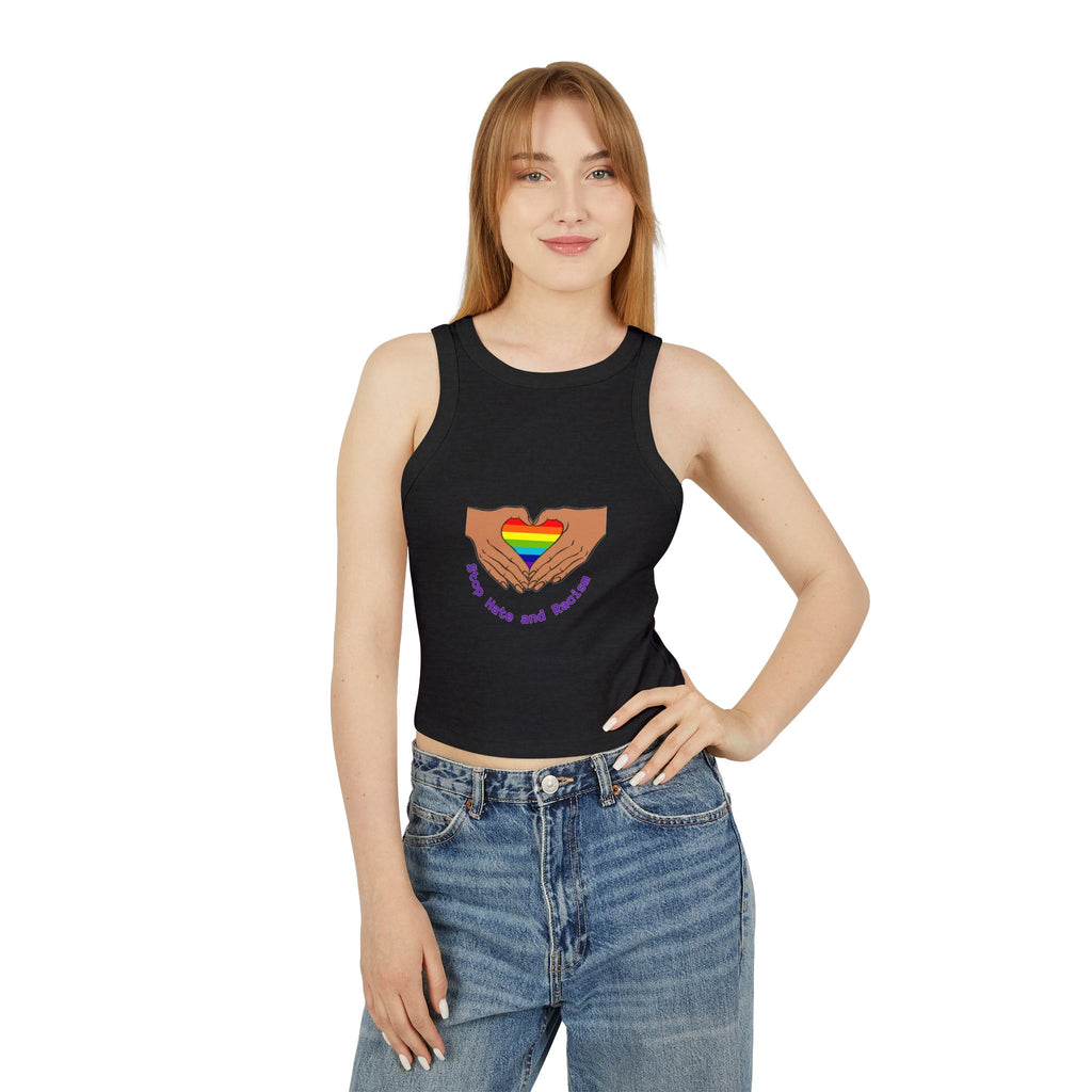 Racer Tank - Rainbow Heart Hands “Love Wins and Hugs” Pride Crop Top