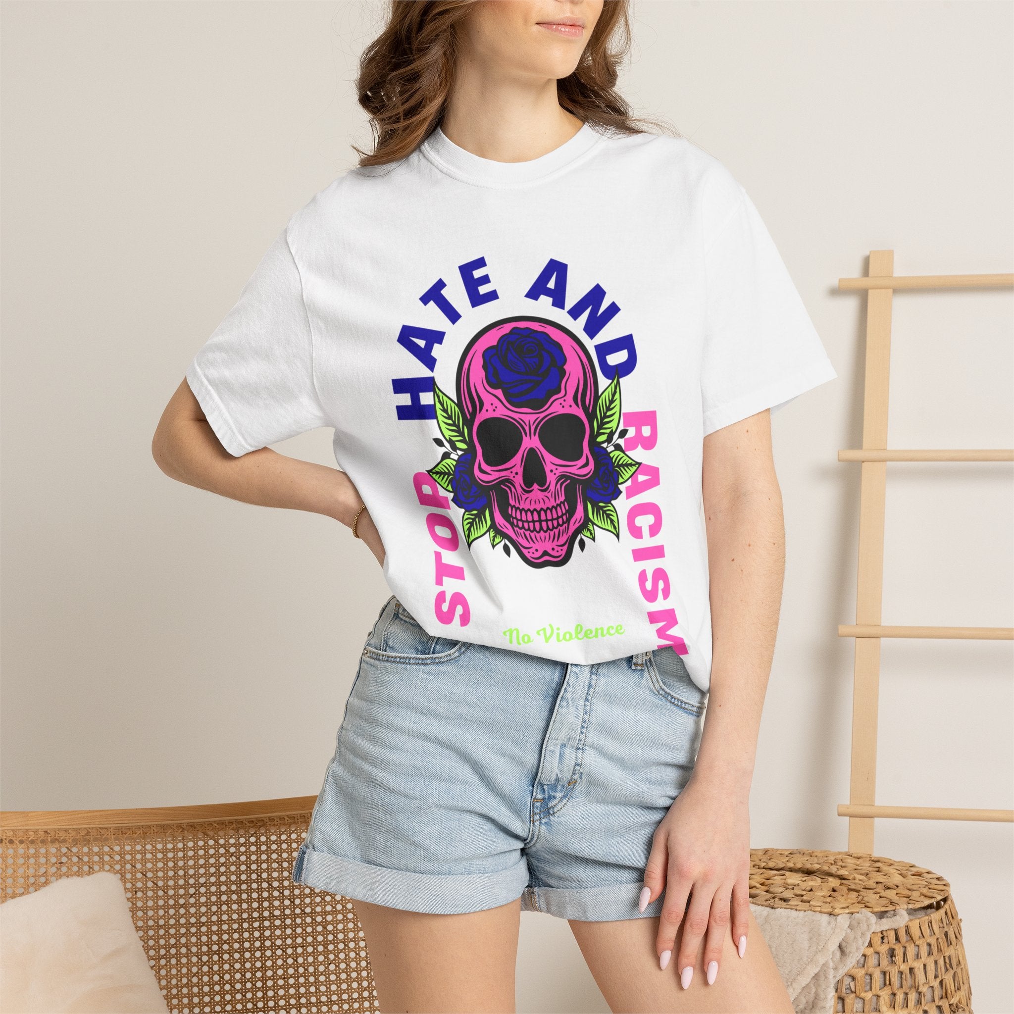 Stop Hate and Racism Skull T-Shirt — Anti-Racism Statement Tee