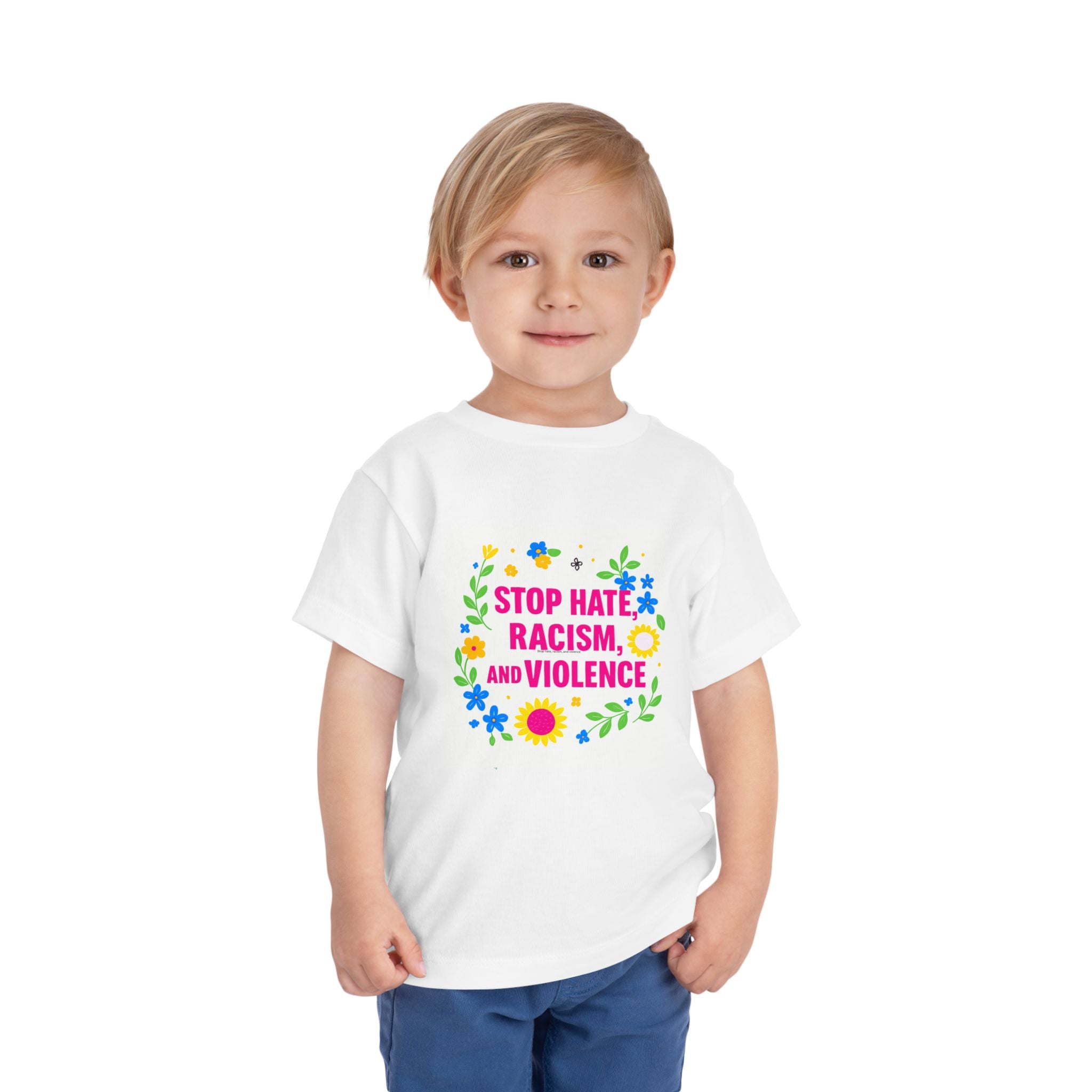Toddler Tee — "Stop Hate, Racism, and Violence" Floral Anti-Racism Kids Shirt