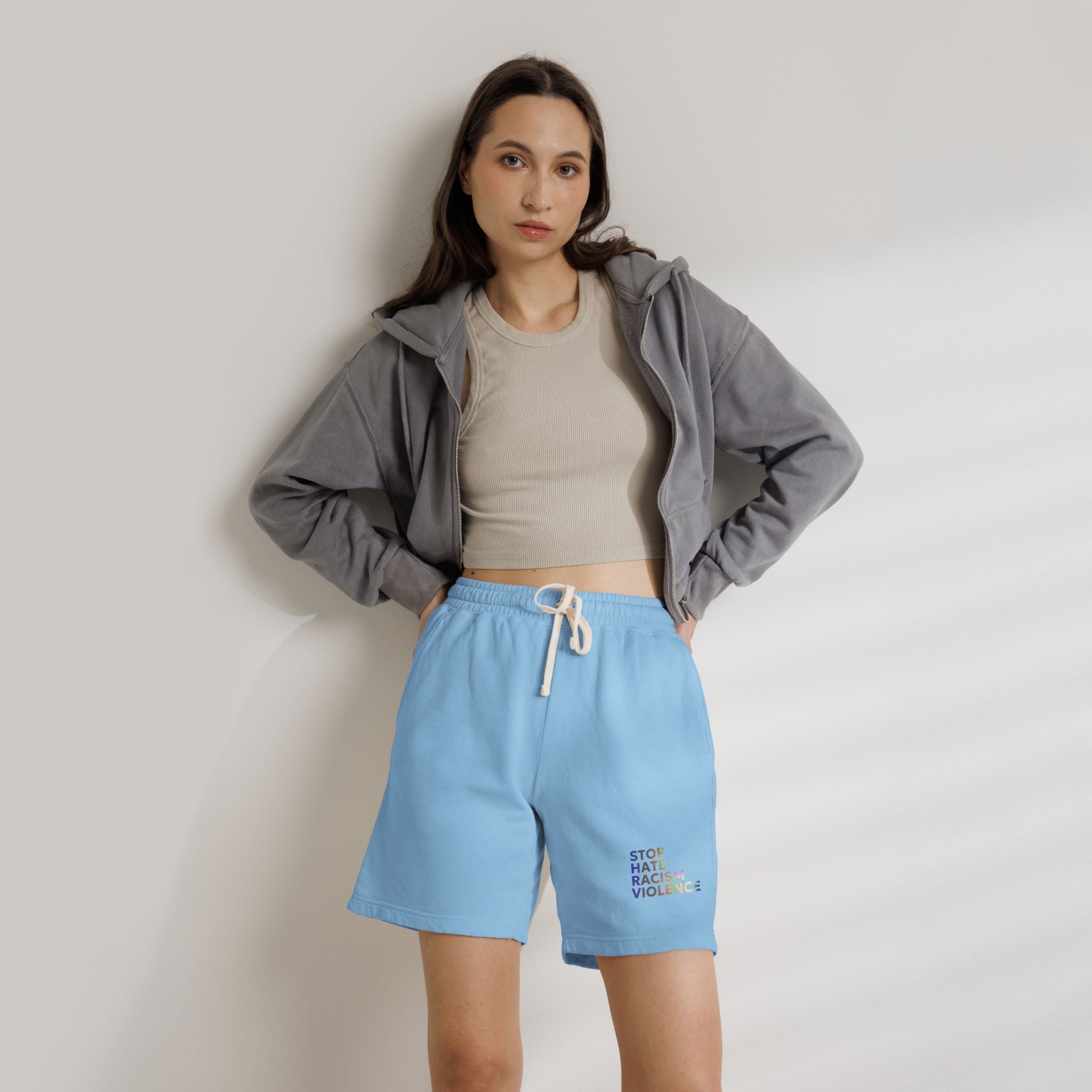 Stop Hate Shorts — Lightweight Fleece Sweat Shorts with "Stop Hate Racism and Violence" Print