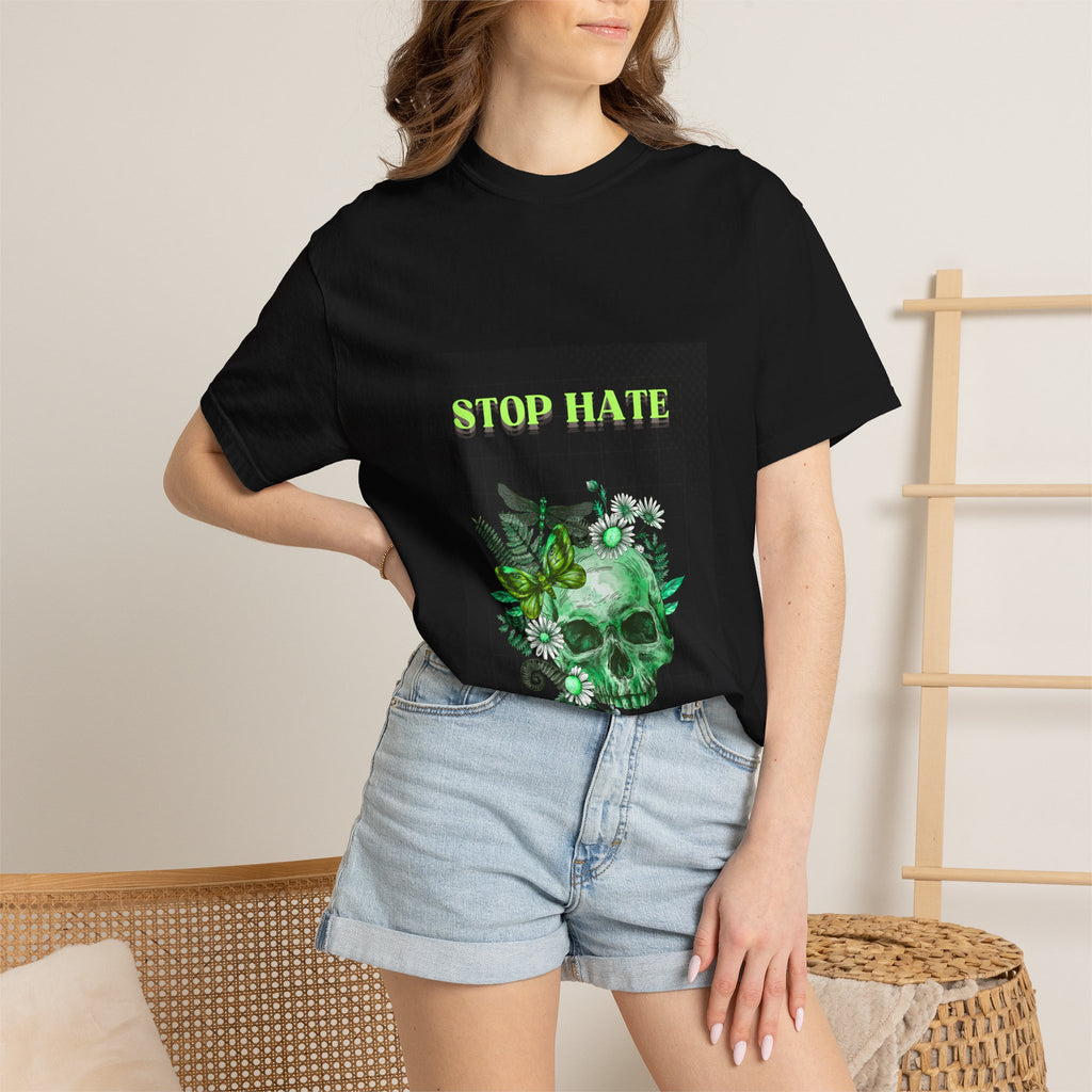 Stop Hate Skull T-Shirt — Green Floral Skull Graphic Tee