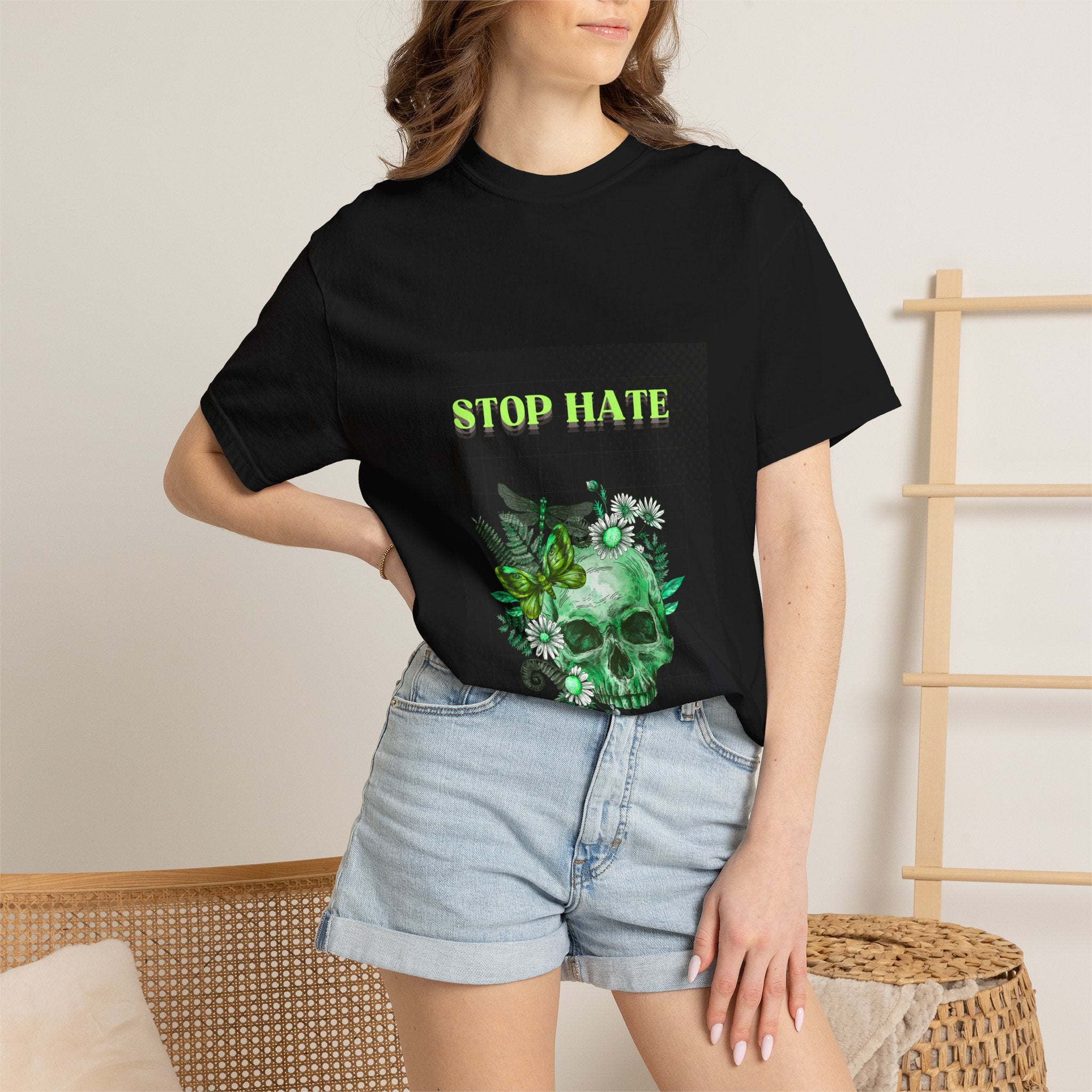 Stop Hate Skull T-Shirt — Green Floral Skull Graphic Tee