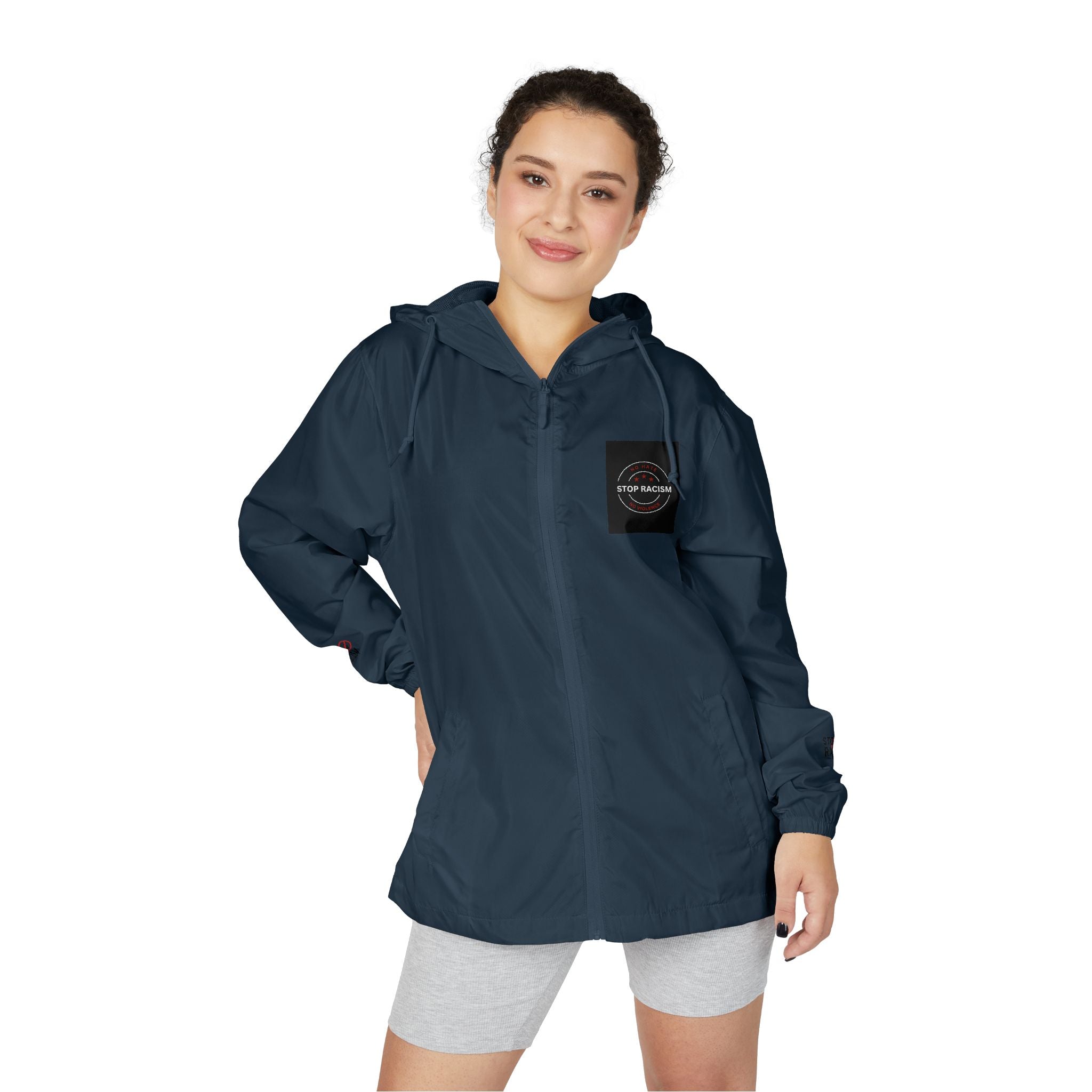 Windbreaker Jacket — Minimal White Camo Hooded Windbreaker with Small Chest Patch & Sleeve Logos