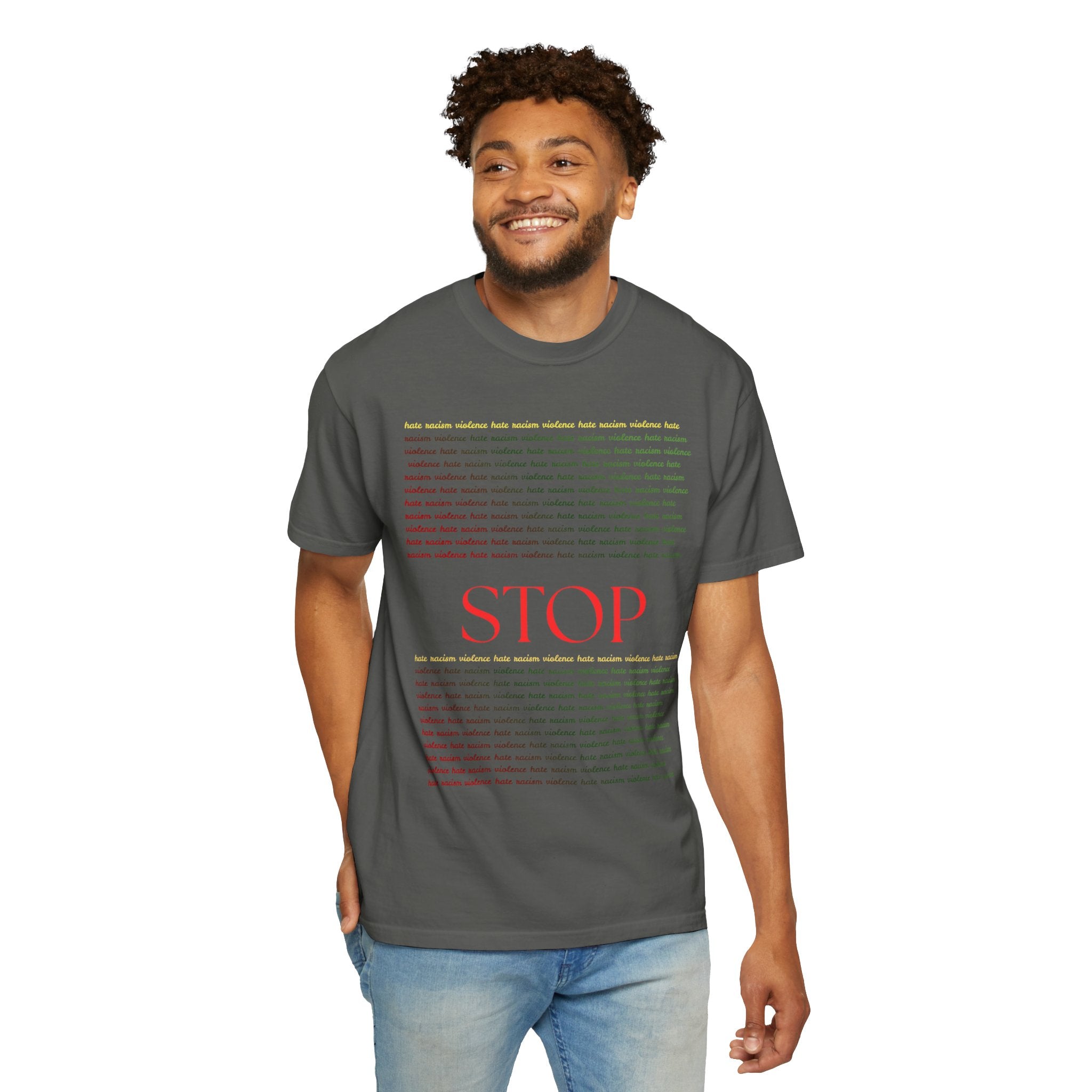 Stop Screen Tee — Black Graphic T-Shirt with Bold RED “STOP” Message