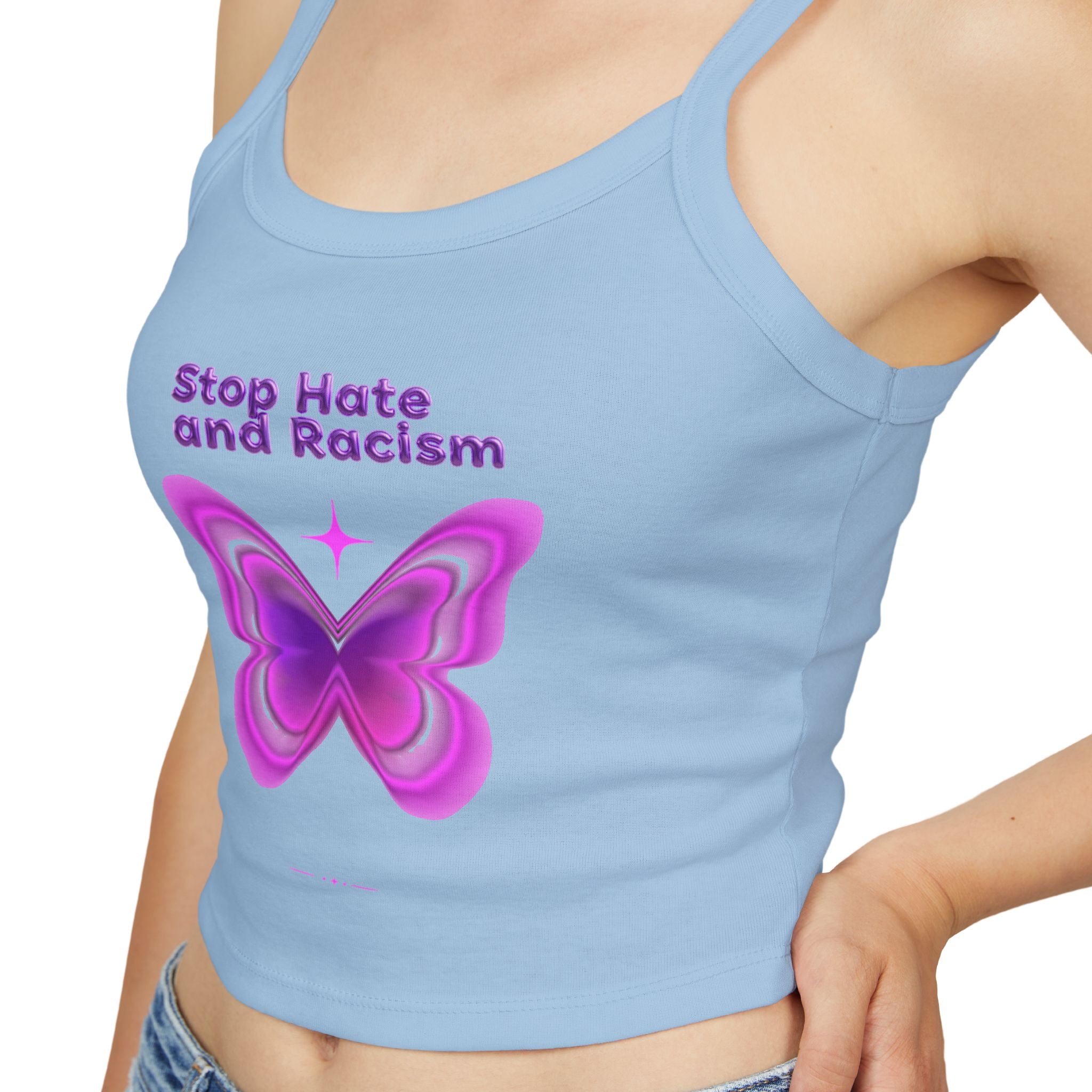 Stop Hate and Racism Butterfly Tank Top — Women's Pink Activist Crop