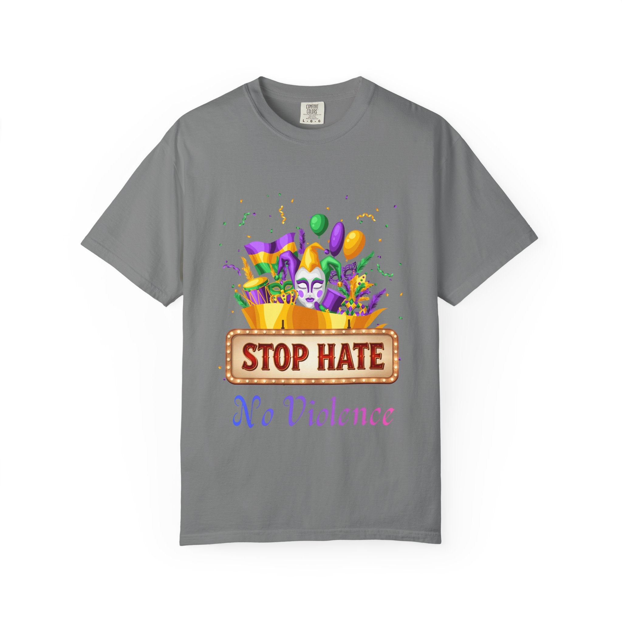 T-Shirt — "Stop Hate, No Violence" Mardi Gras Parade Design