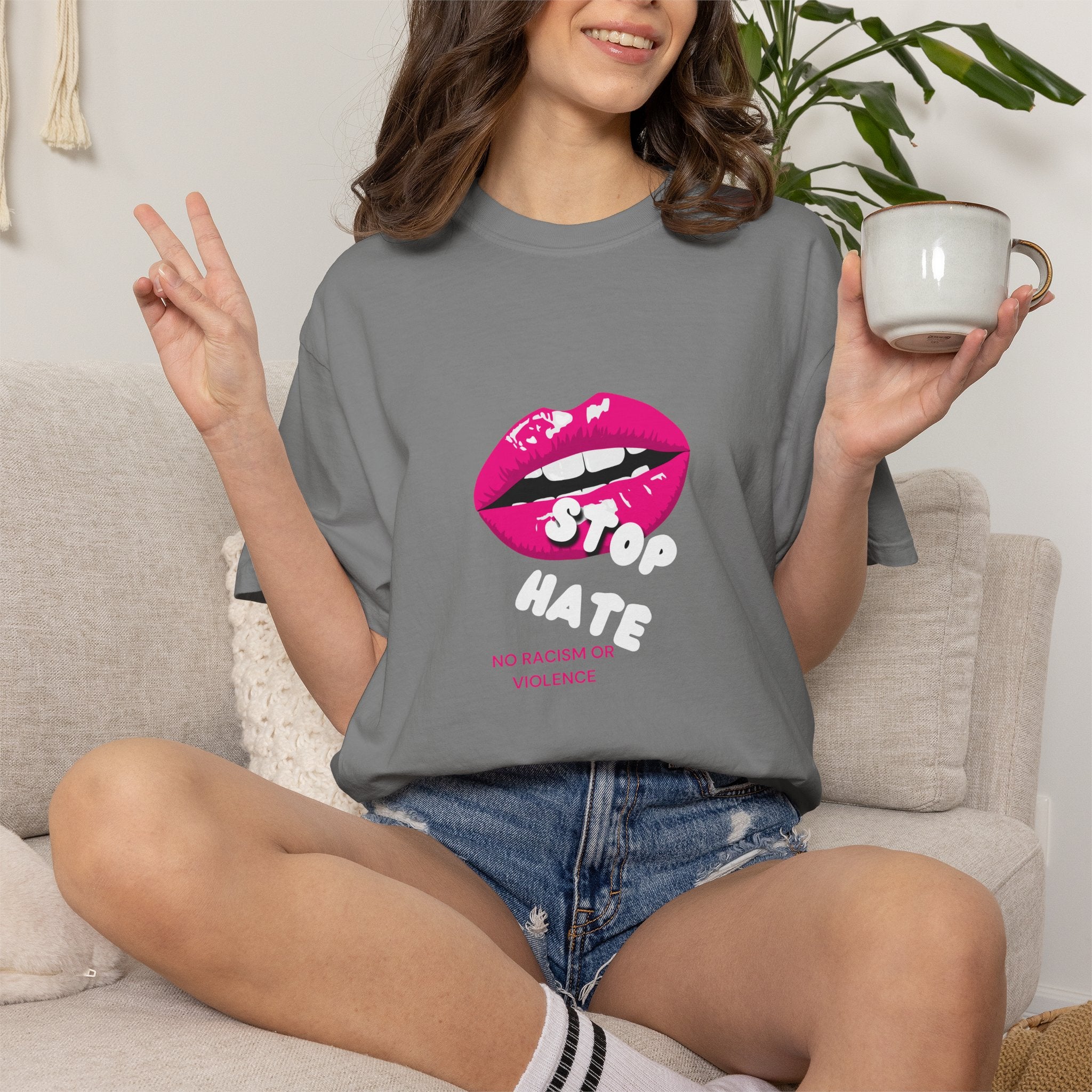 T-Shirt — Pink Lip 'Stop' Graphic Tee (No Racism or Violence)