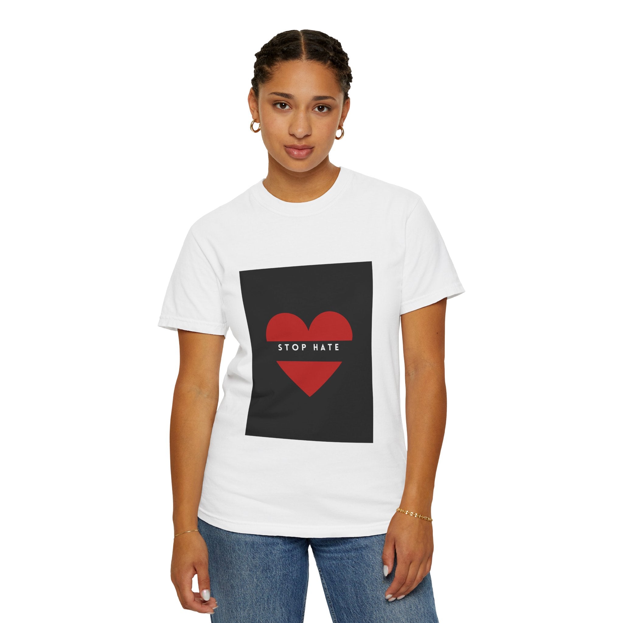 Stop Hate Heart T-Shirt — Red Heart Graphic Tee for Anti-Hate Awareness