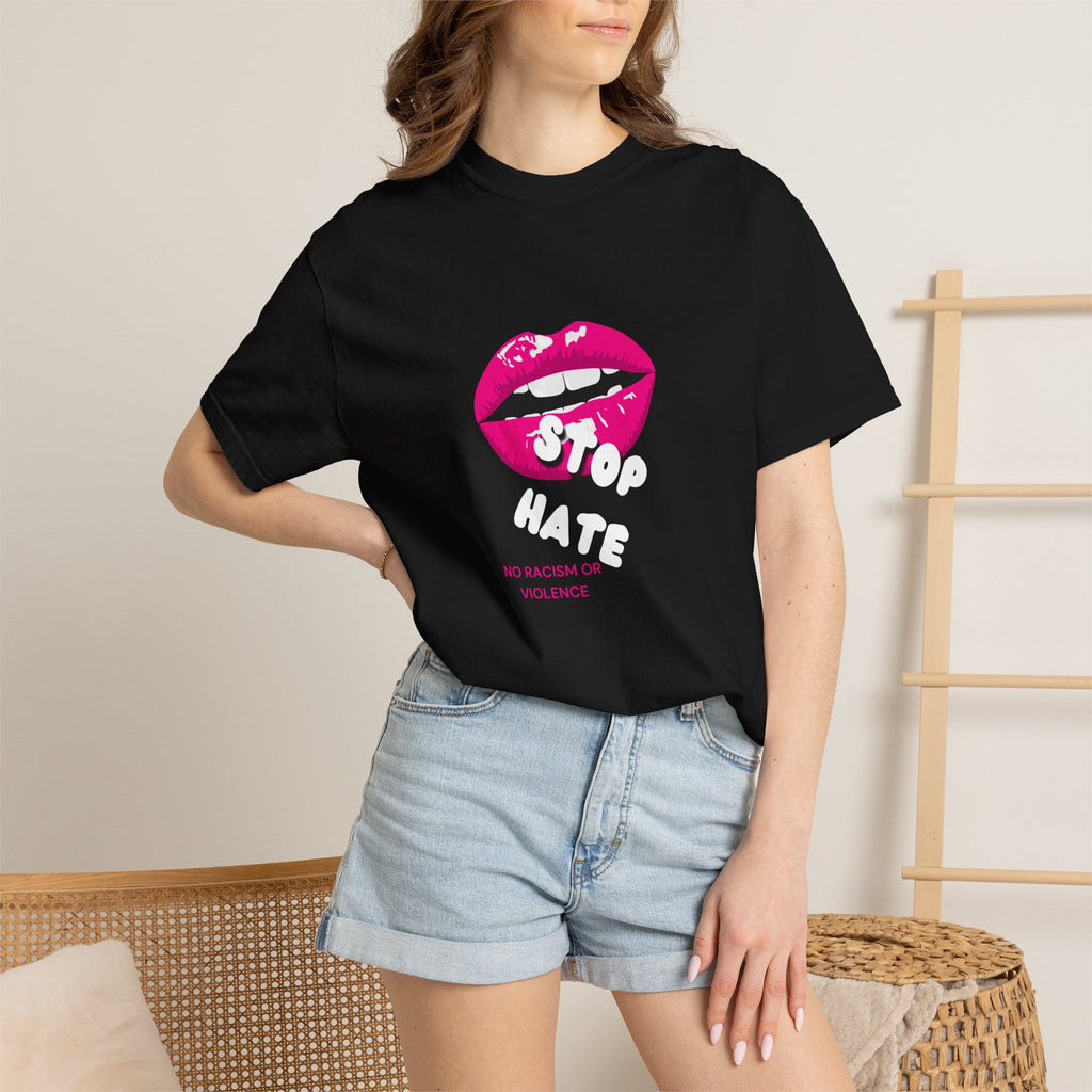 T-Shirt — Pink Lip 'Stop' Graphic Tee (No Racism or Violence)