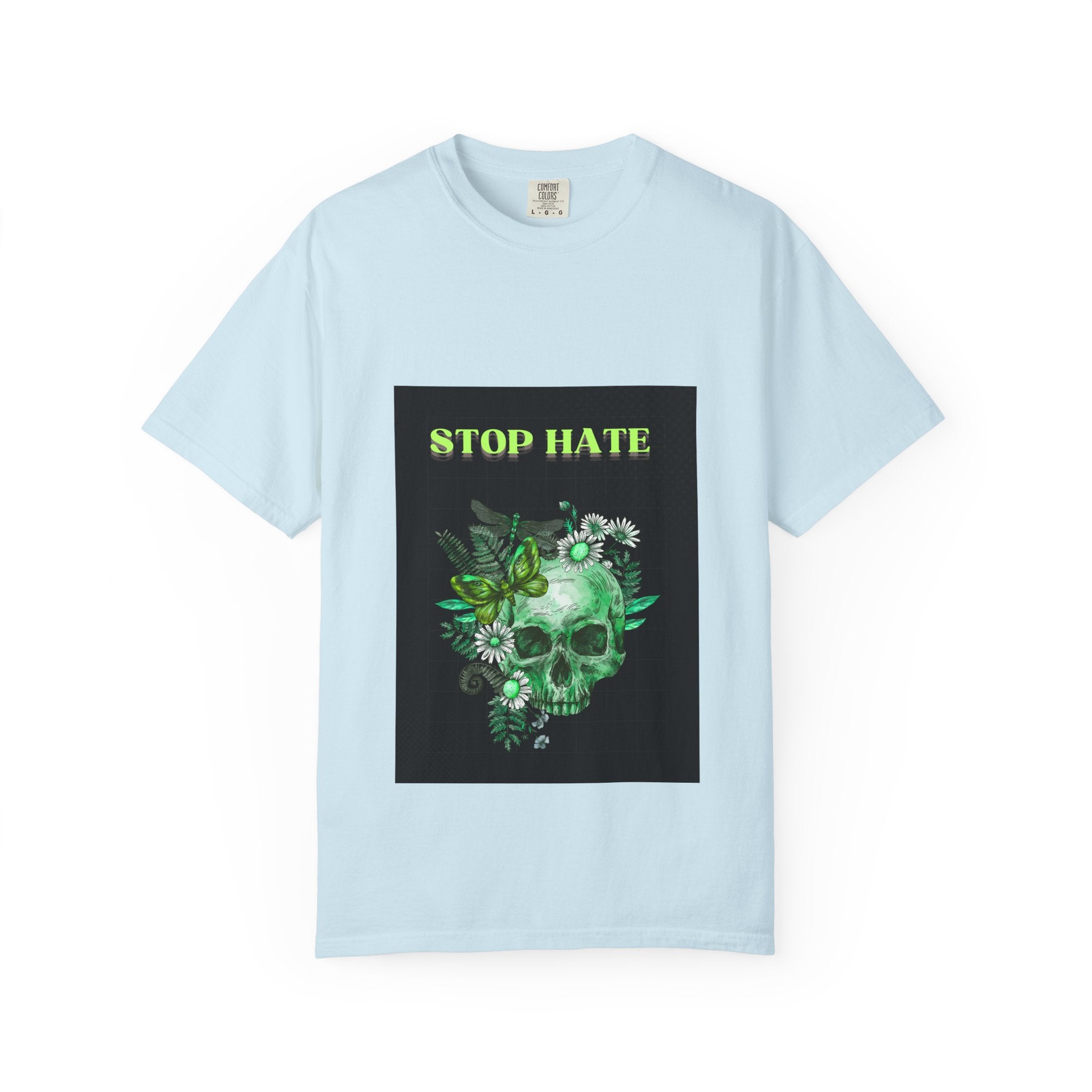 Stop Hate Skull T-Shirt — Green Floral Skull Graphic Tee