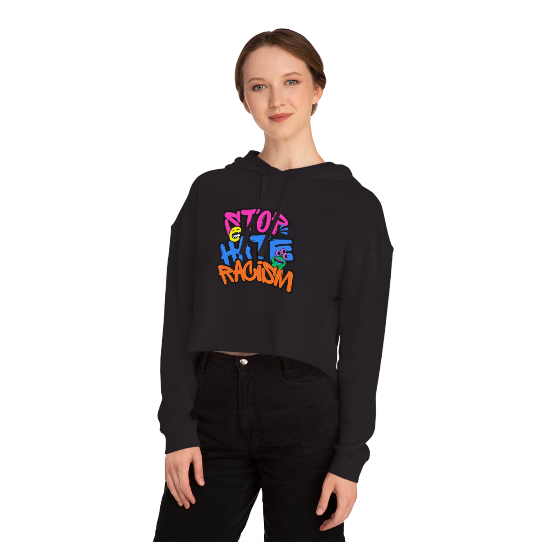 Cropped Hoodie "Stop Hate, Not People" Graffiti Anti-Racism Sweatshirt