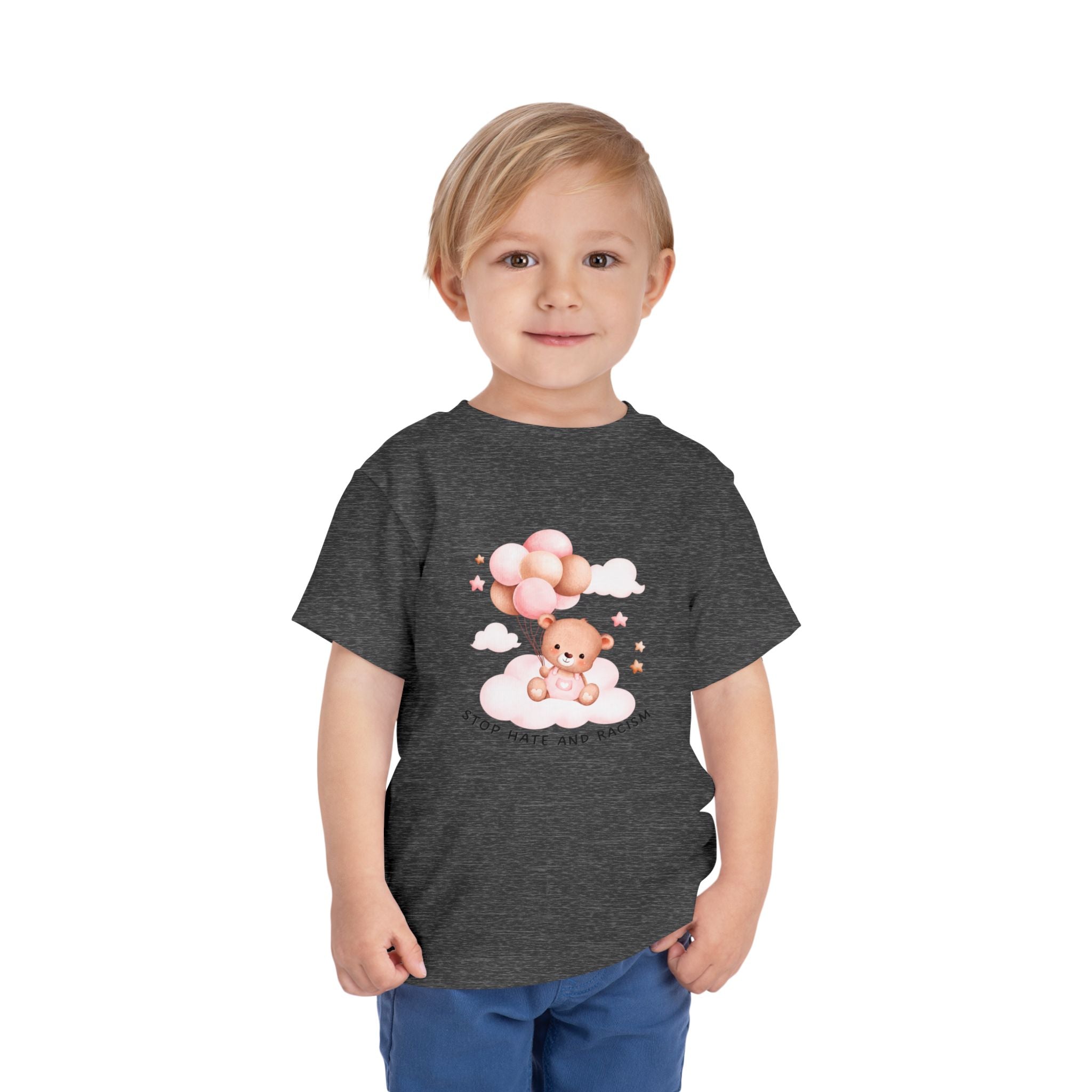 Toddler Tee — Cute Teddy with Balloons “Stop Hate and Racism”