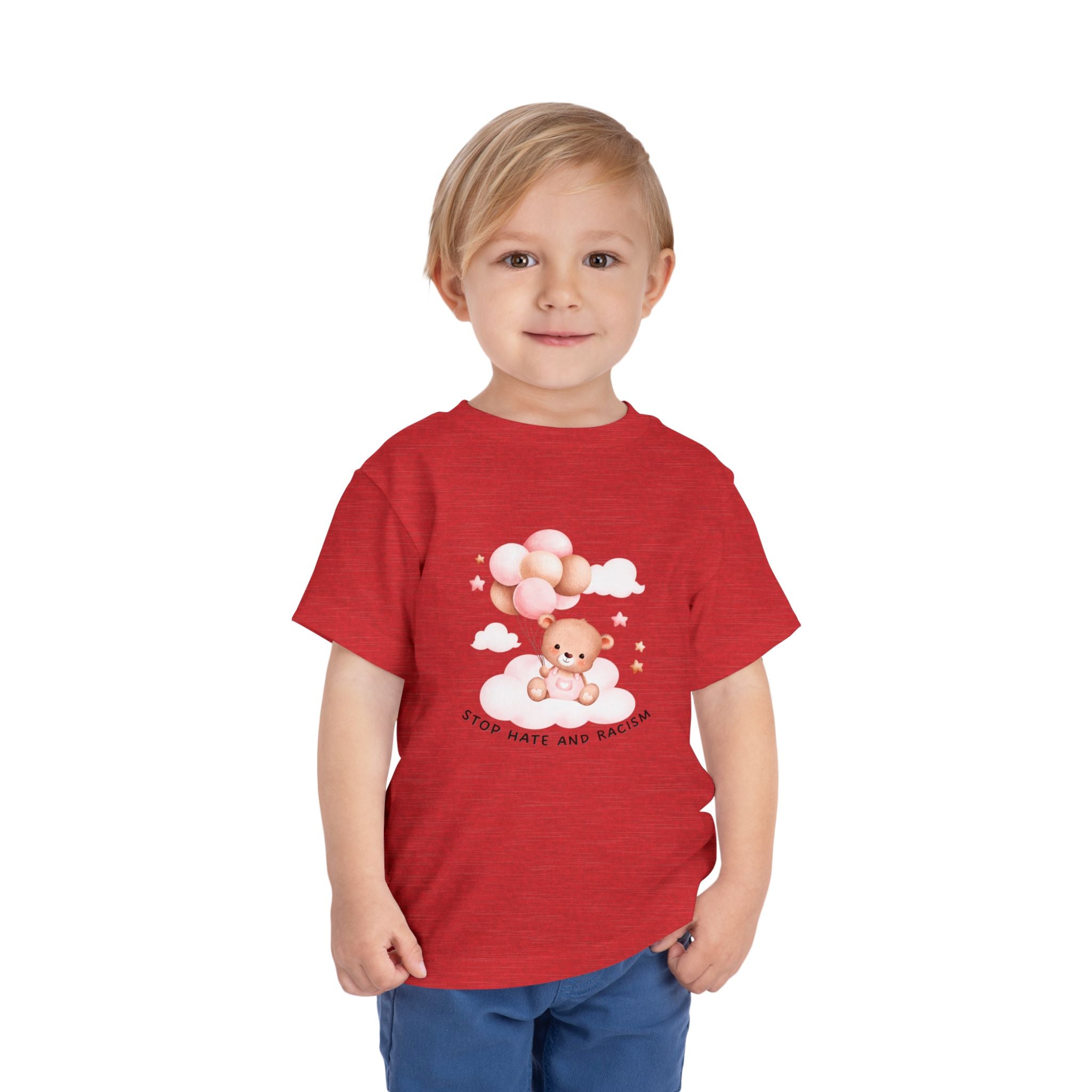 Toddler Tee — Cute Teddy with Balloons “Stop Hate and Racism”