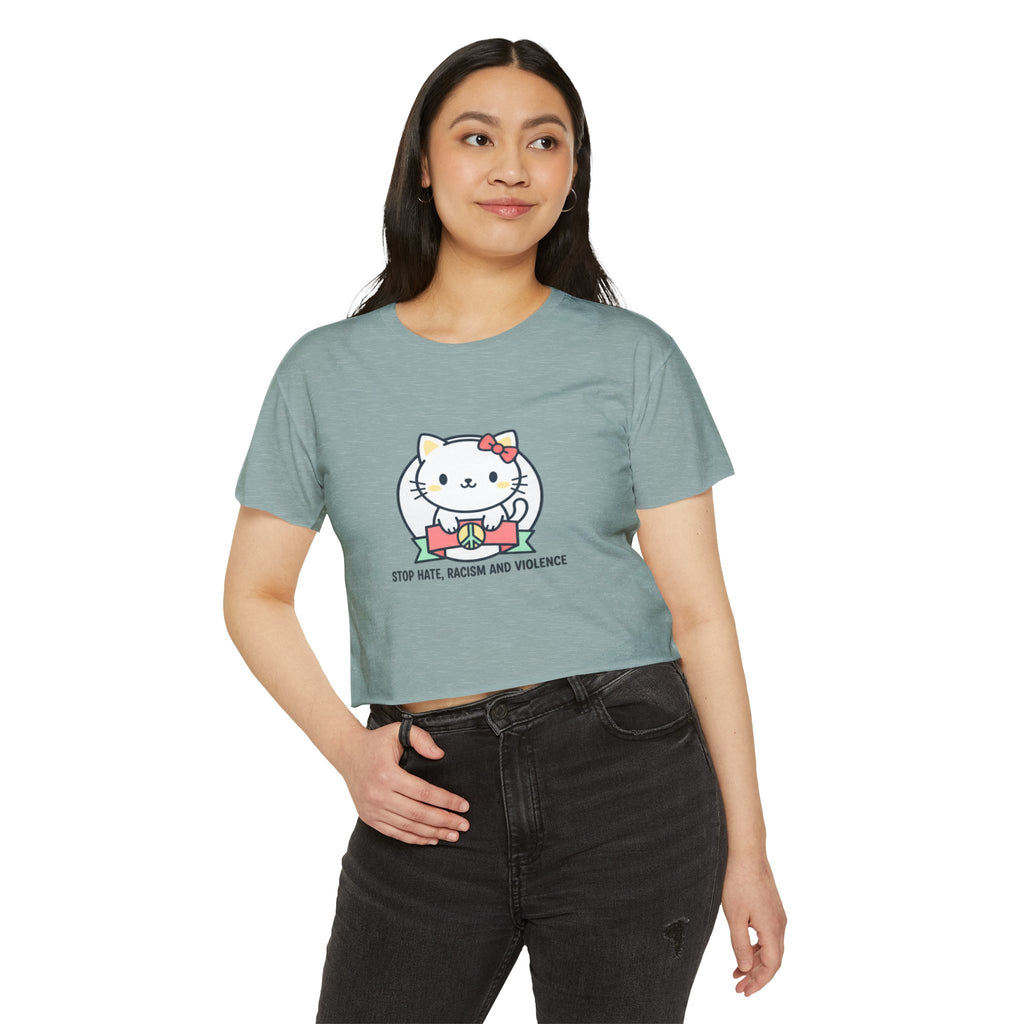 Cute Cat Crop Top — "Stop Hate, Racism and Violence" Festival Tee