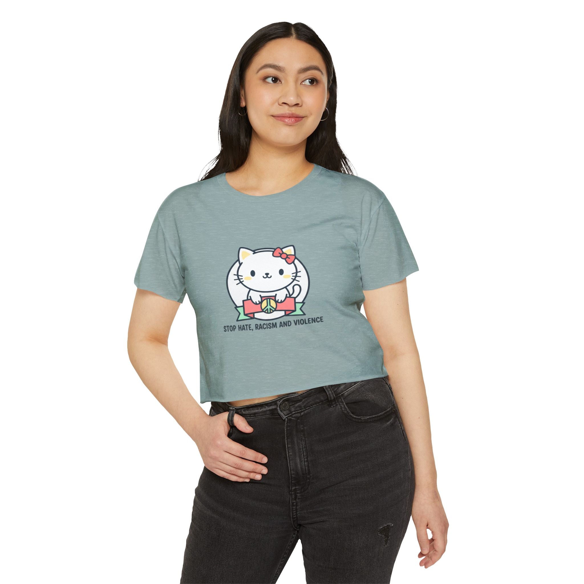 Cute Cat Crop Top — "Stop Hate, Racism and Violence" Festival Tee