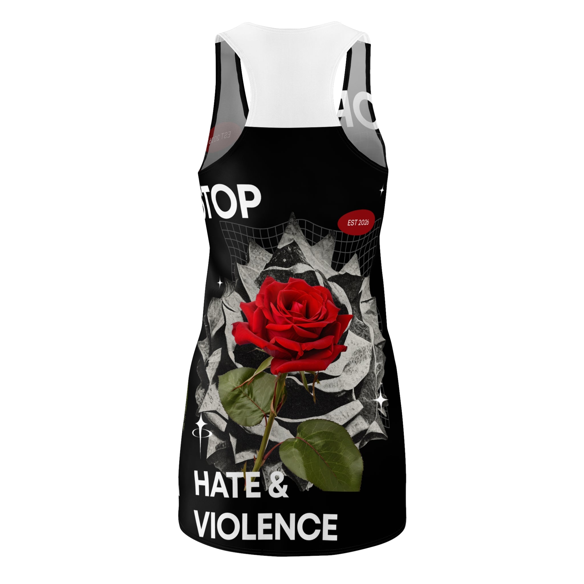 Racerback Dress — Red Rose "Stop Hate & Violence" Graphic