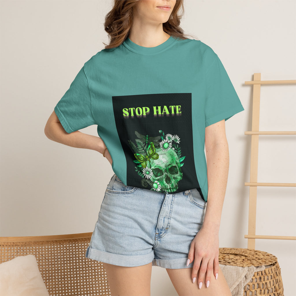 Stop Hate Skull T-Shirt — Green Floral Skull Graphic Tee