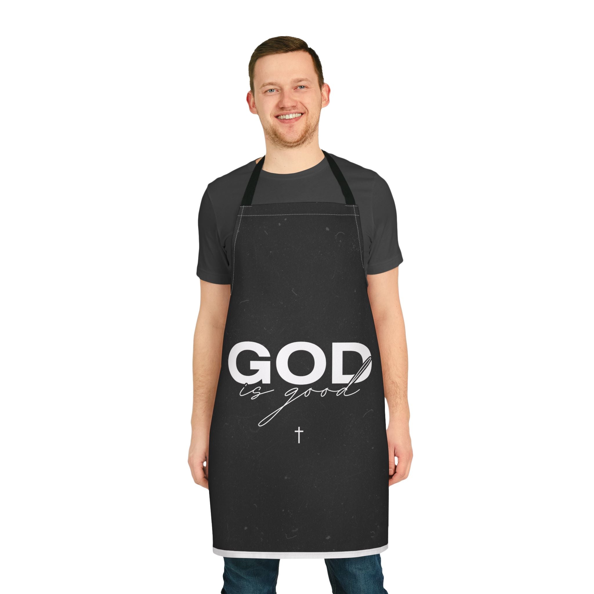 God Is Good Black Apron — Christian Kitchen Apron with Script Cross Design