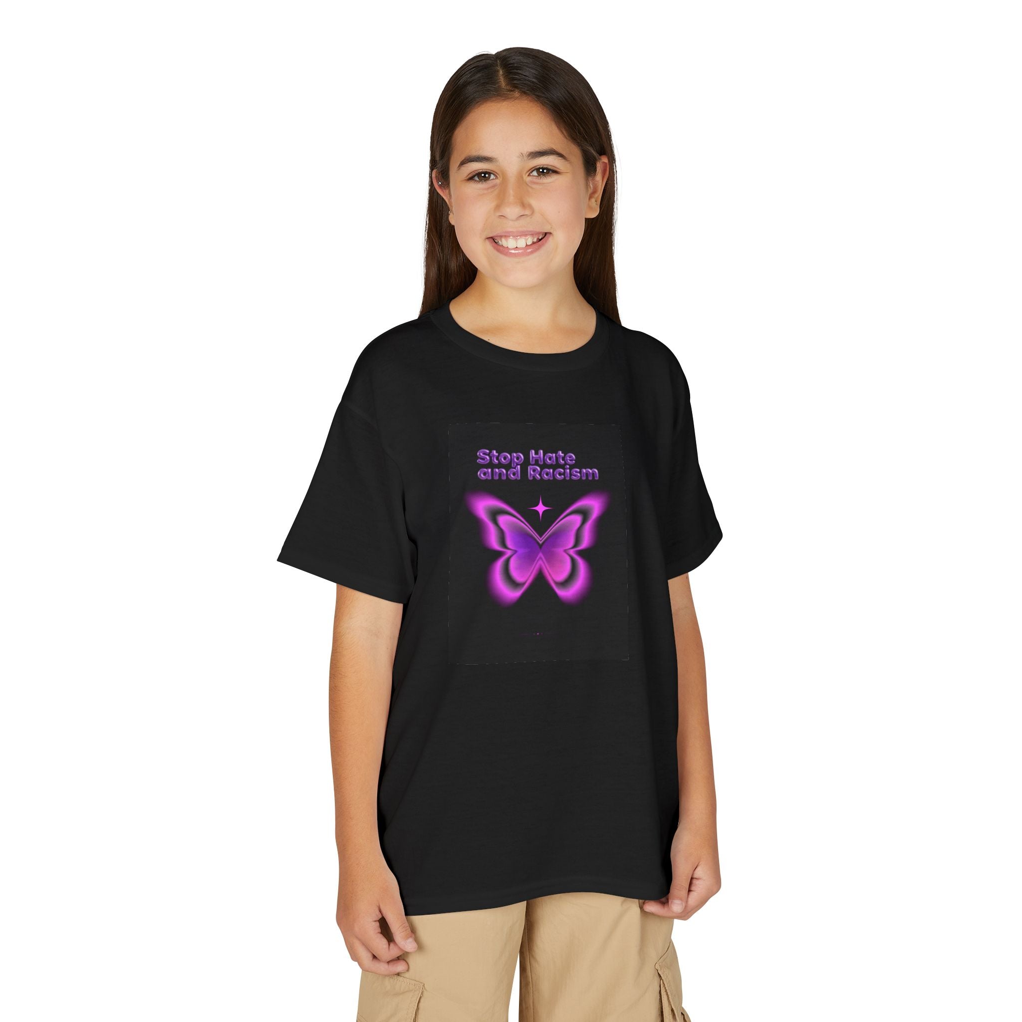 Youth T-Shirt — "Stop Hate and Racism" Pink Butterfly Anti-Racism Tee