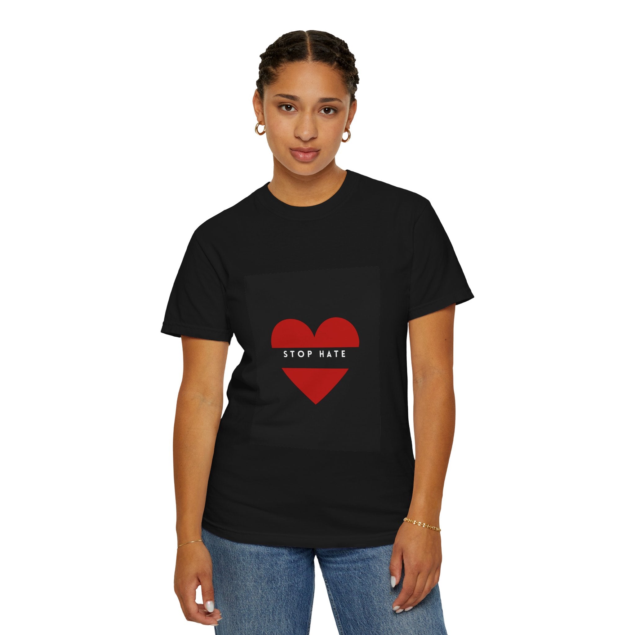Stop Hate Heart T-Shirt — Red Heart Graphic Tee for Anti-Hate Awareness