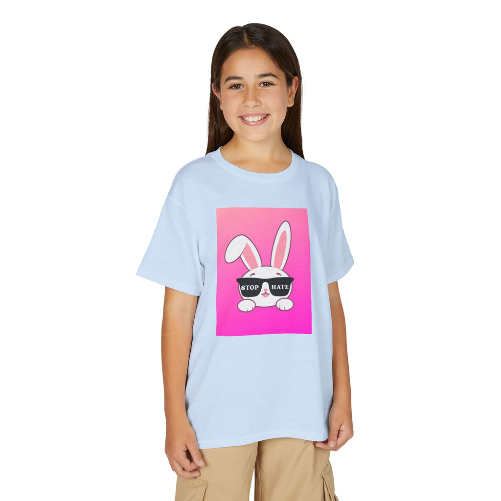 Youth T-Shirt — Pink Bunny "Stop Hate" Graphic