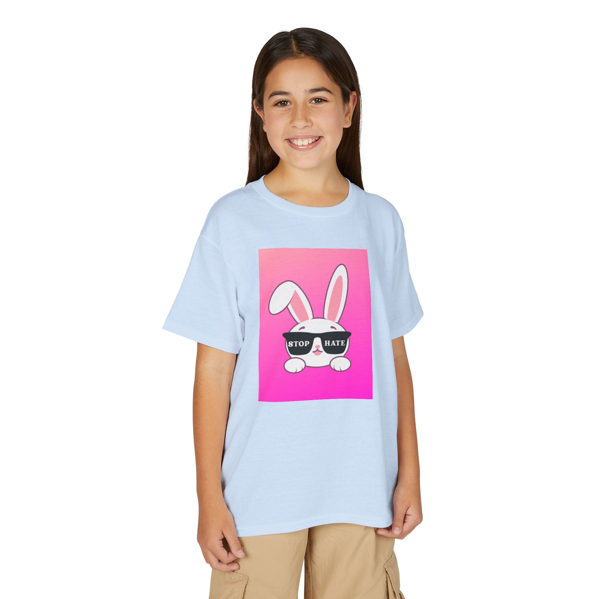 Youth T-Shirt — Pink Bunny "Stop Hate" Graphic