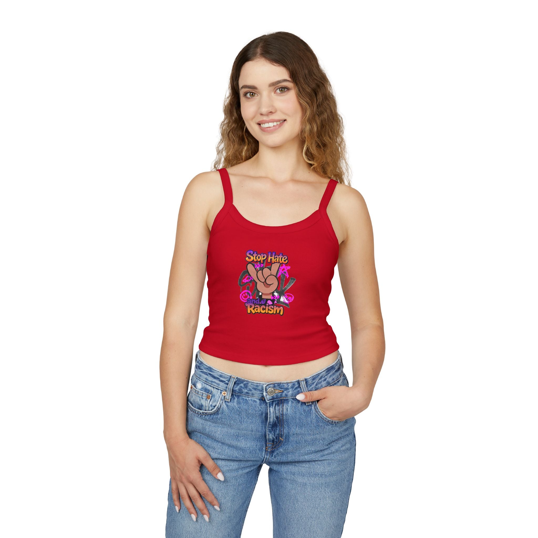 Stop Hating Racism Peace Sign Crop Tank Top — Anti-Racism Women's Spaghetti Strap