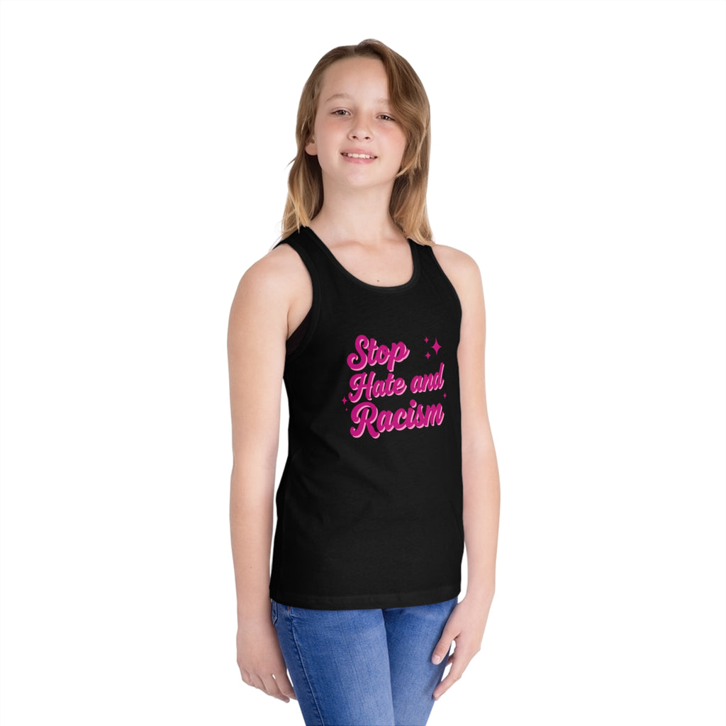 Kids Tank Top — "Stop Hate and Racism" Pink Script Kids Jersey Tank