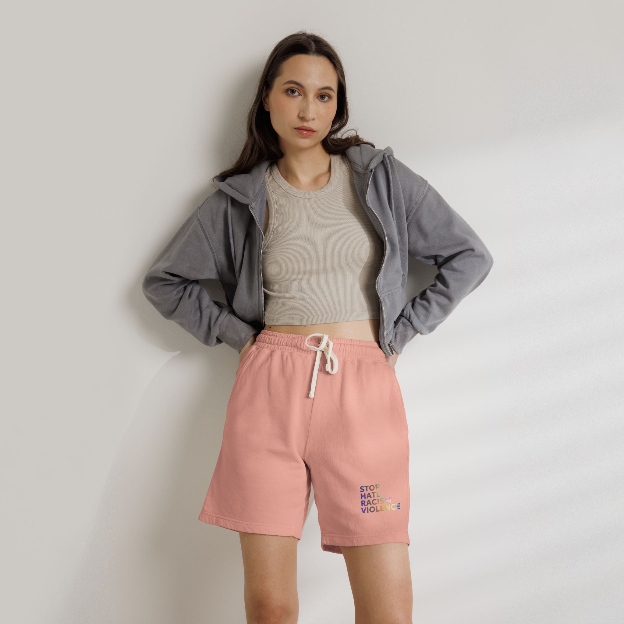 Stop Hate Shorts — Lightweight Fleece Sweat Shorts with "Stop Hate Racism and Violence" Print